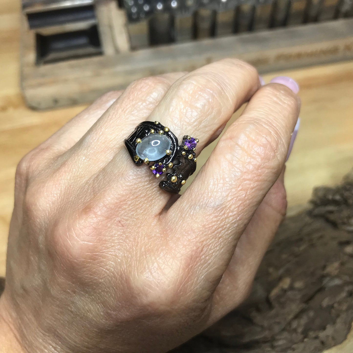 Sterling Silver Handmade Aquamarine amethyst ring 7.5