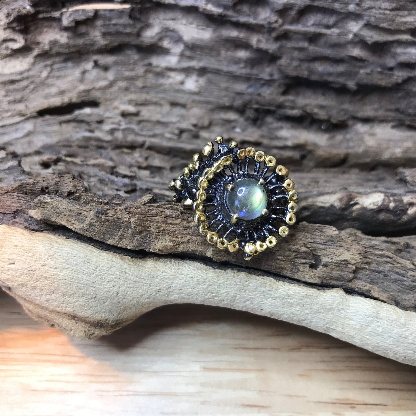 sterling silver abstract brutalist Labradorite Ring 6.5