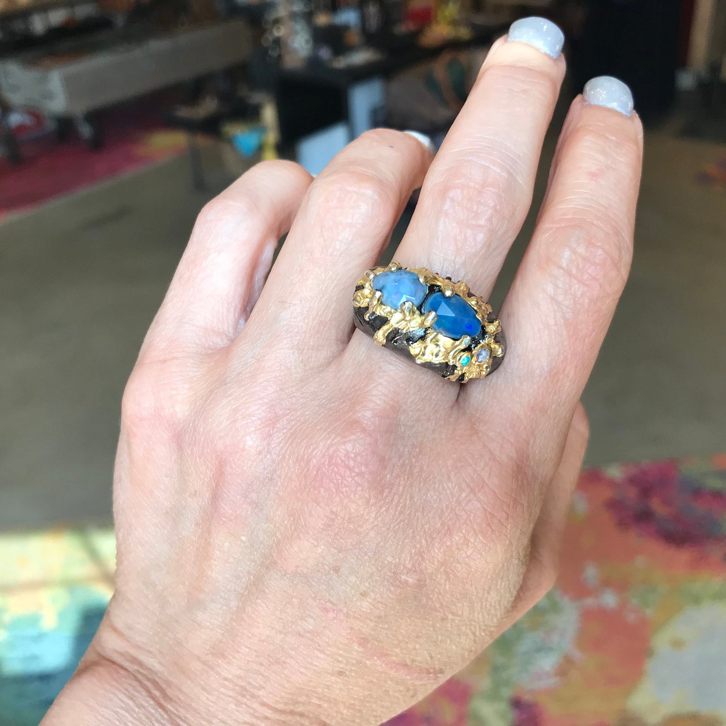 sterling silver natural blue fire opal band Etnika ring 8