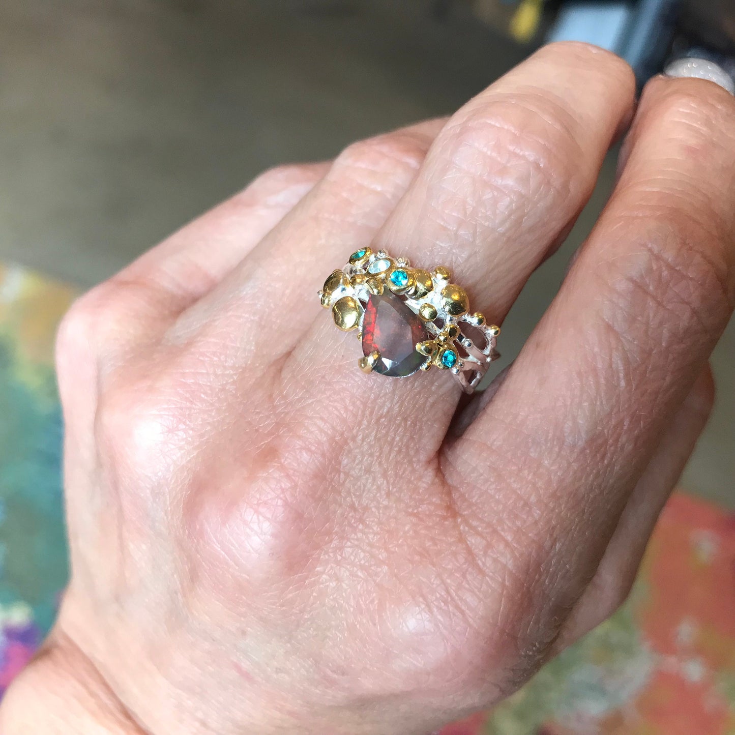 sterling silver Natural black red fire opal band ring 7