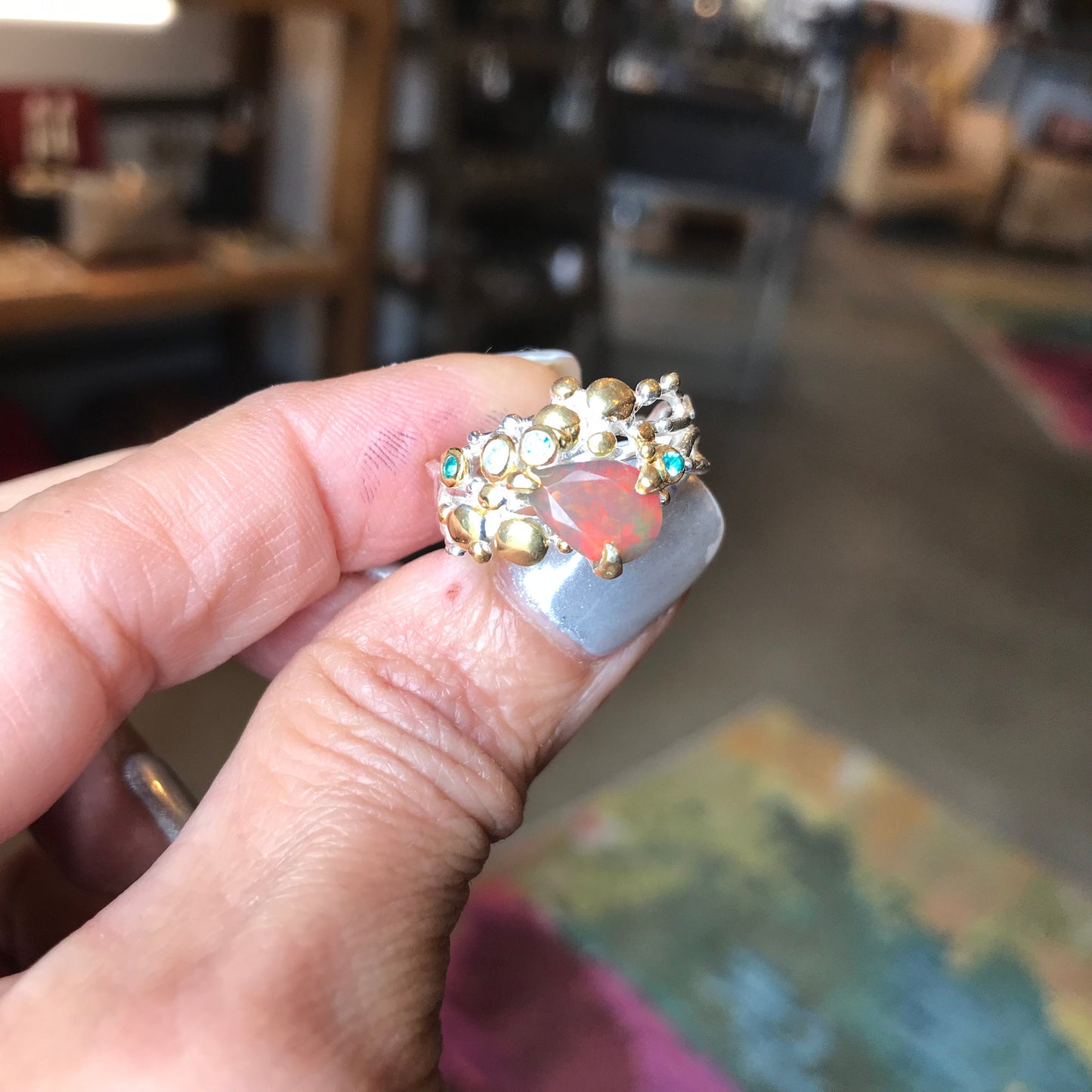 sterling silver Natural black red fire opal band ring 7