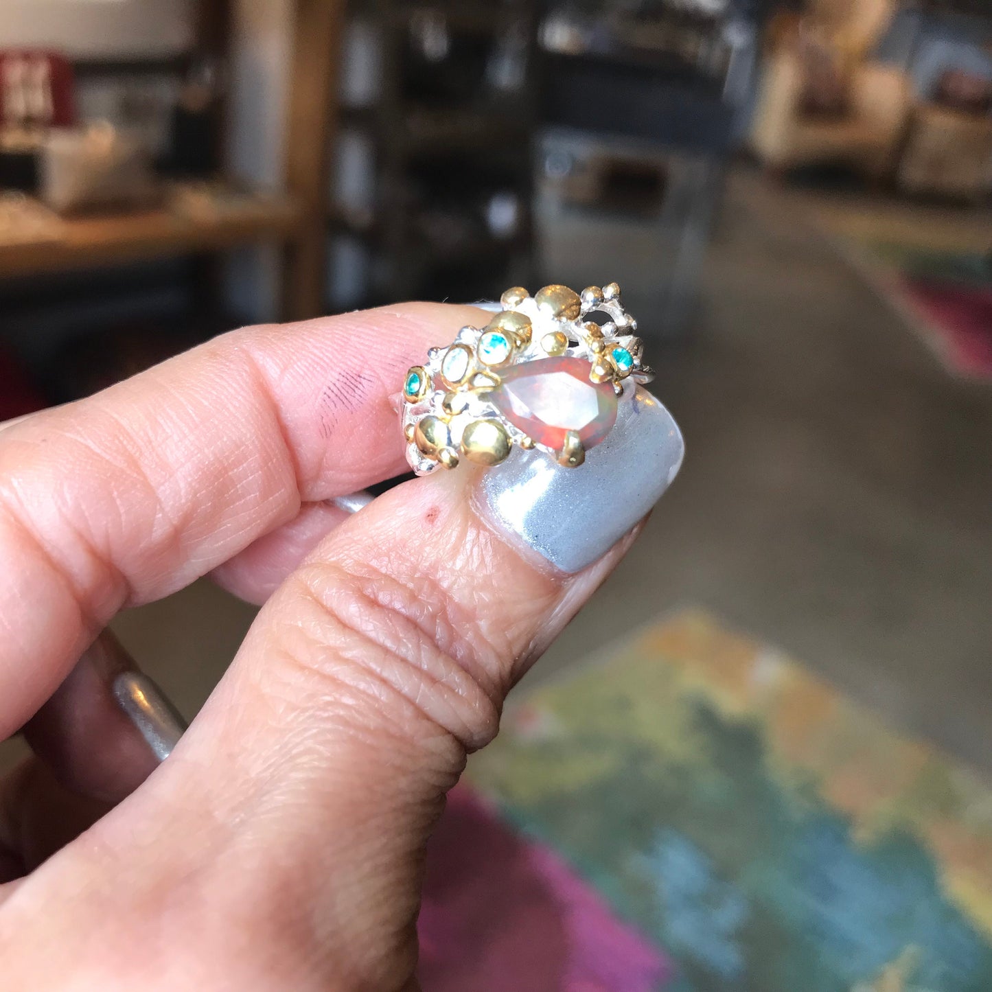 sterling silver Natural black red fire opal band ring 7