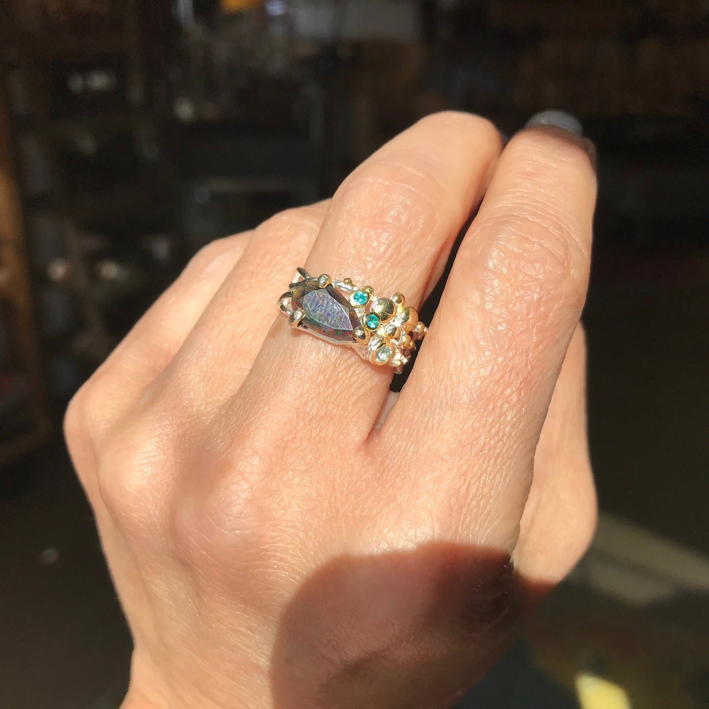 sterling silver Natural black fire opal band ring 7