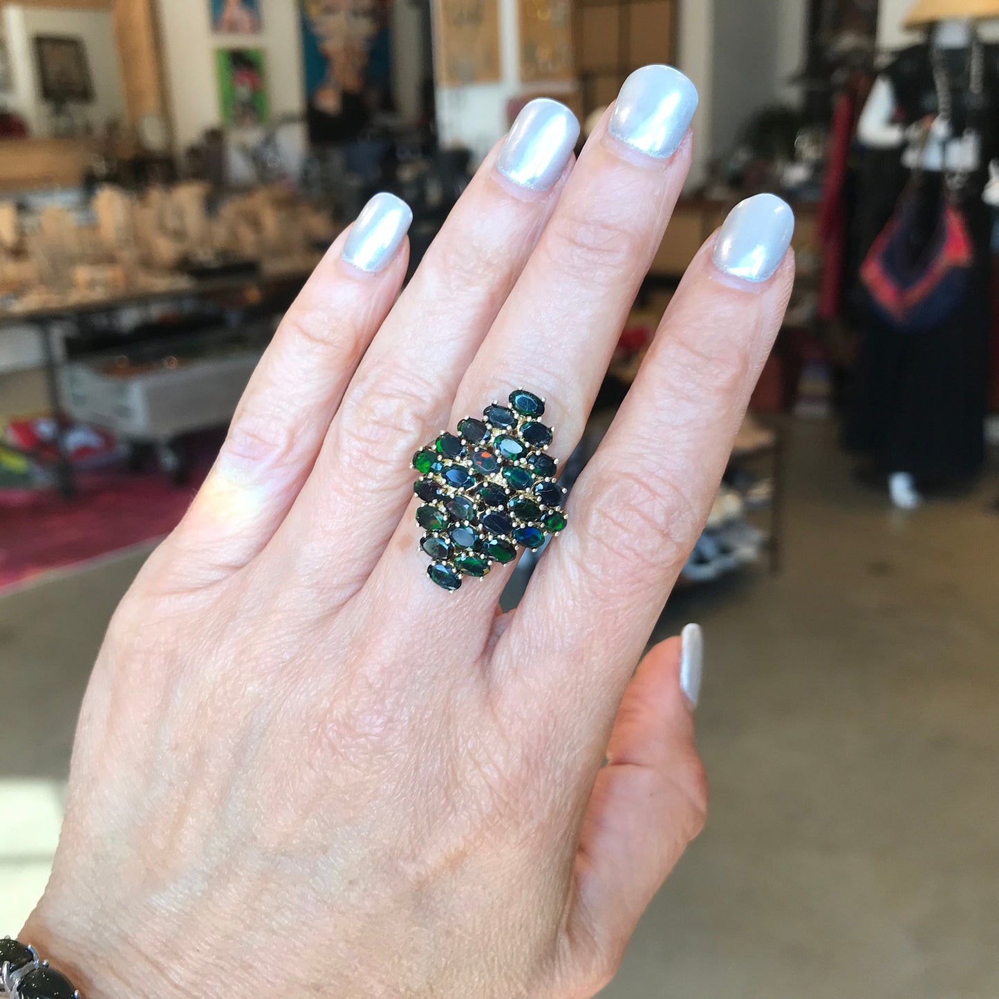 Sterling Silver black Fire Opal cluster statement ring 7