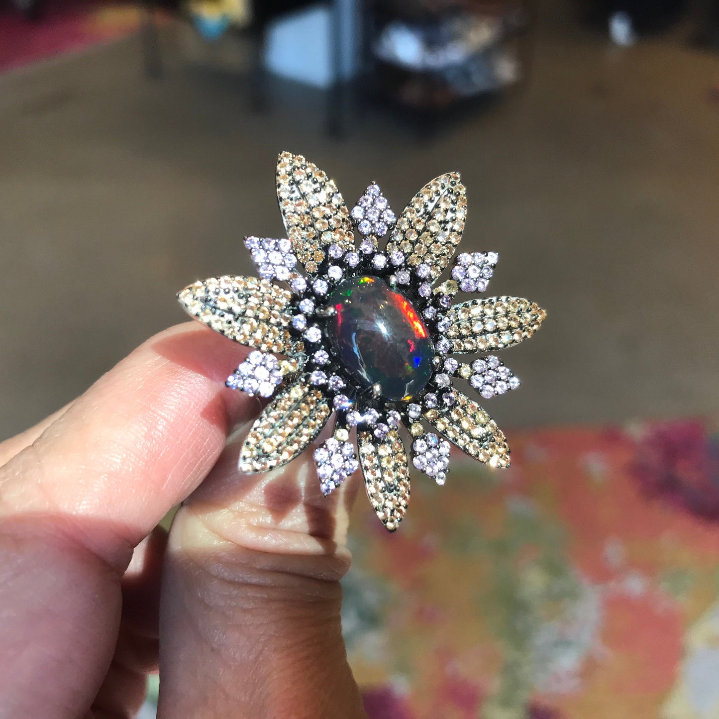 sterling silver Natural black Fire Opal sapphire statement pink ring