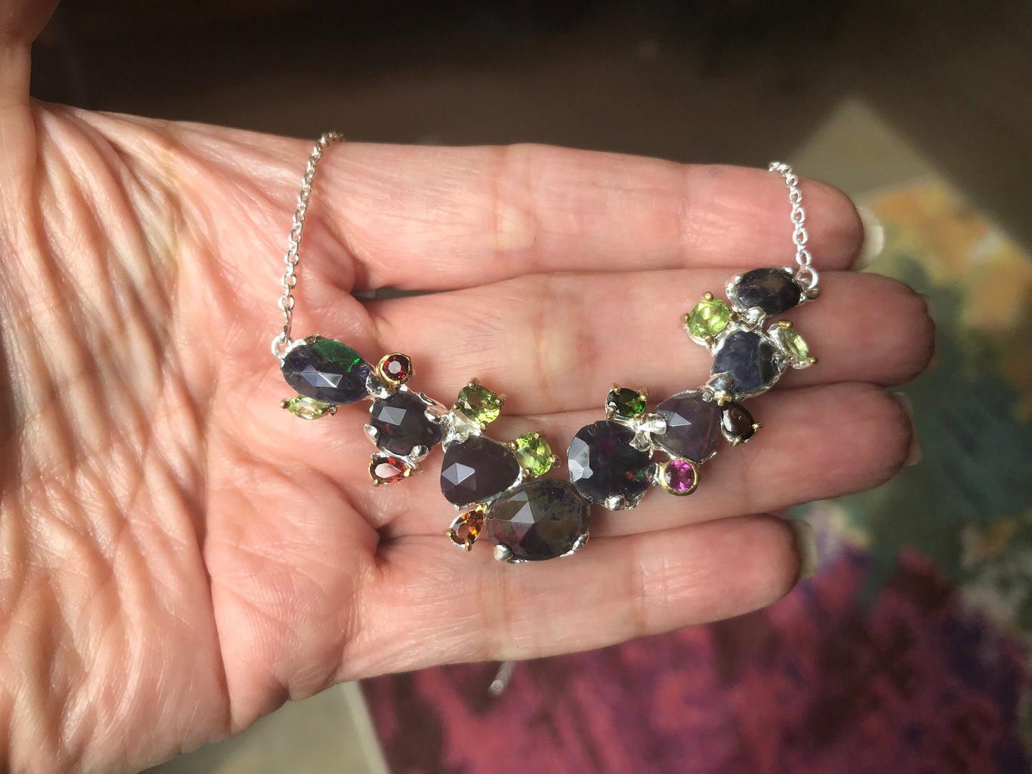 Natural Rainbow black opal heirloom Silver Necklace 19”