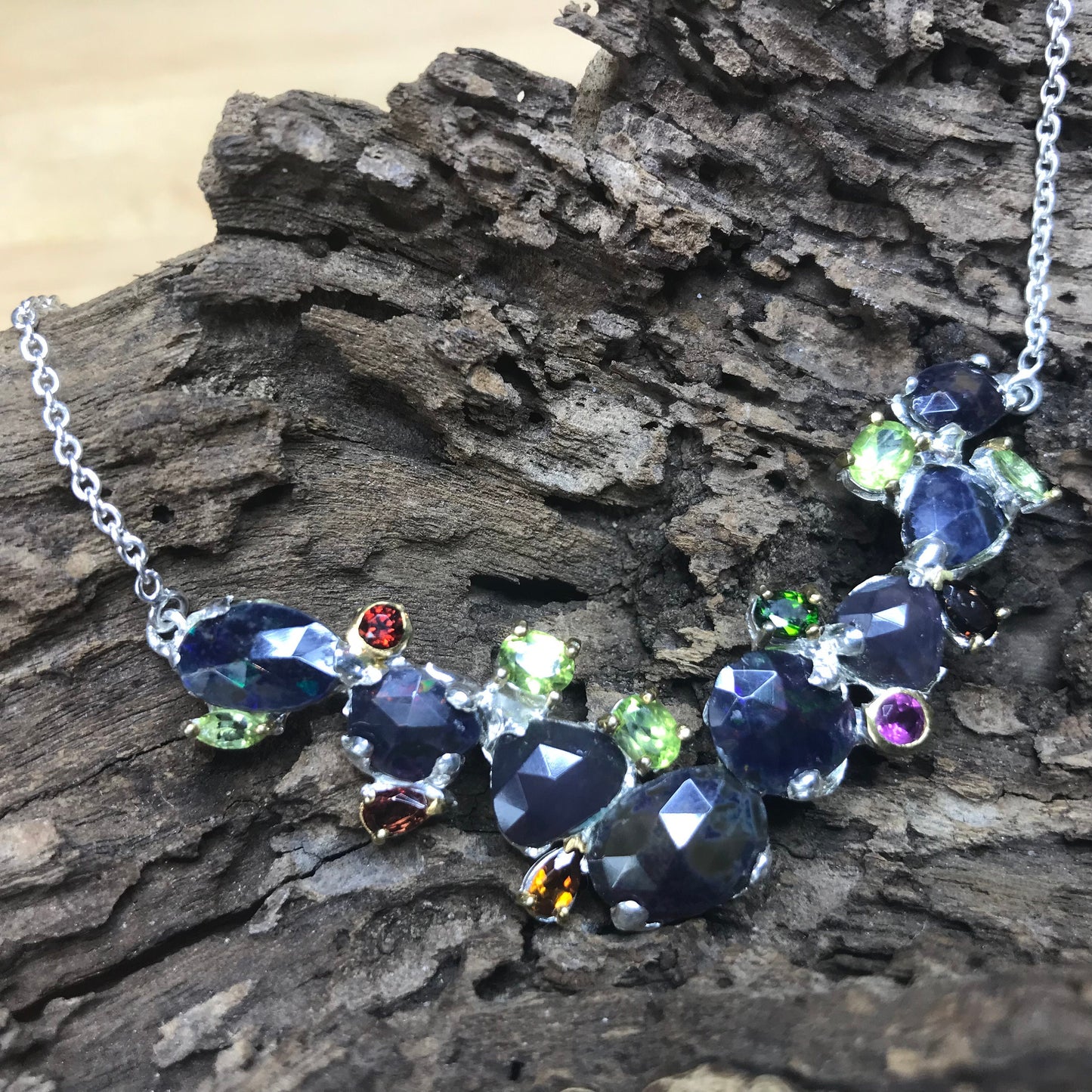 Natural Rainbow black opal heirloom Silver Necklace 19”