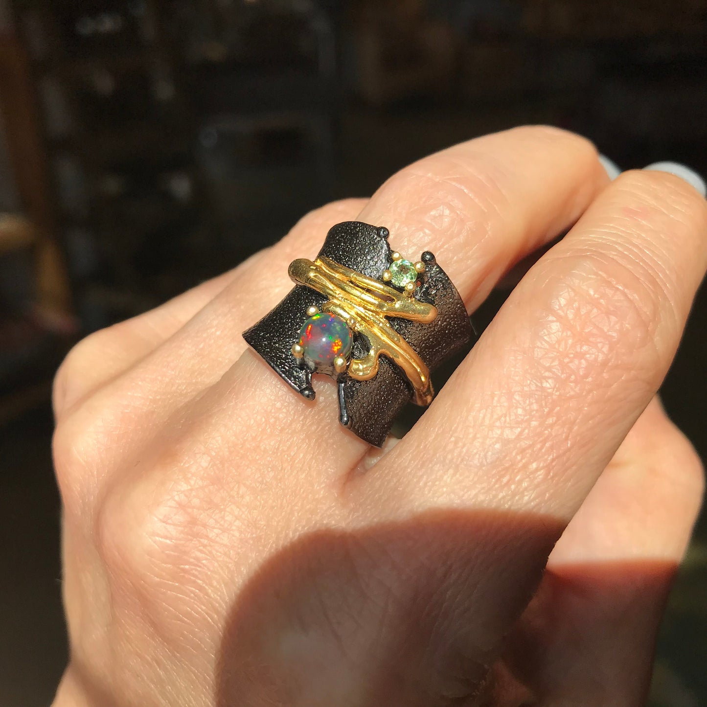 sterling silver natural opal band Peridot Etnika ring 7