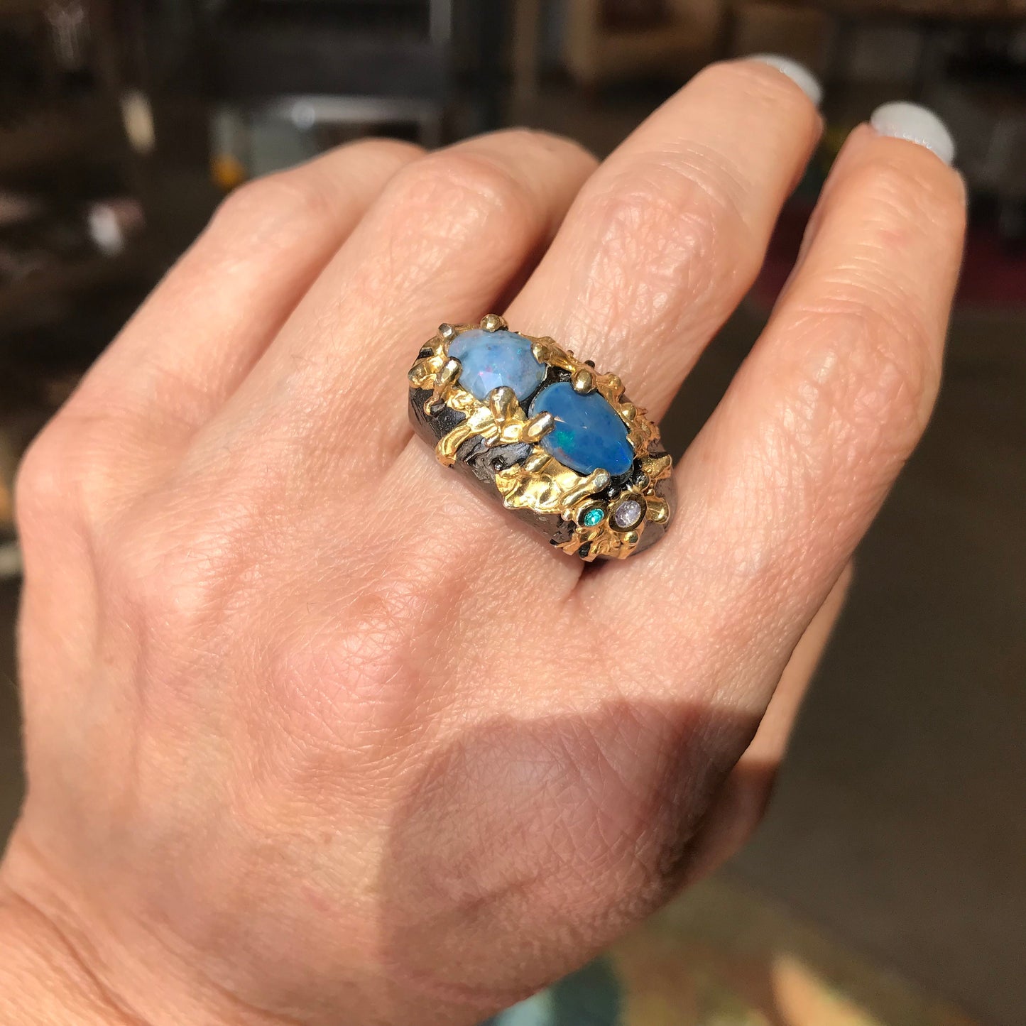 sterling silver natural blue fire opal band Etnika ring 8