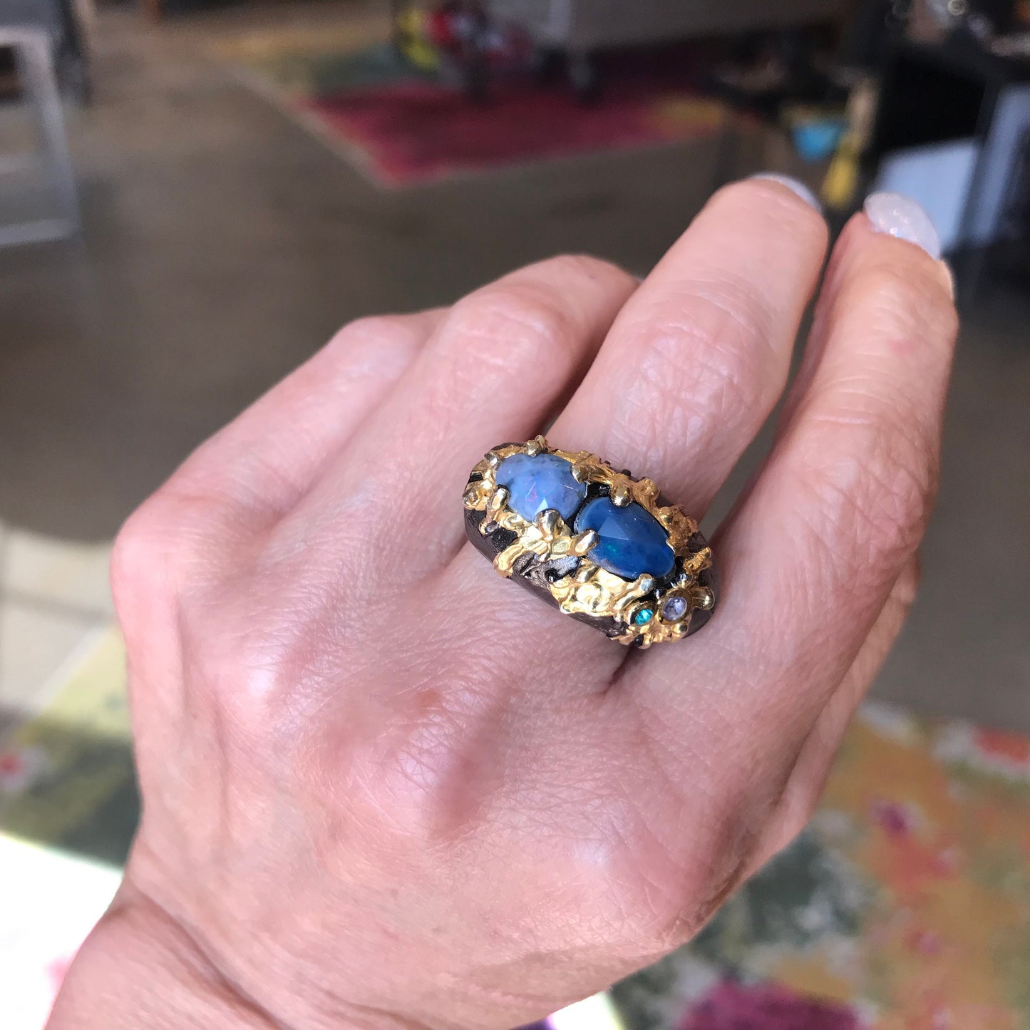 sterling silver natural blue fire opal band Etnika ring 8