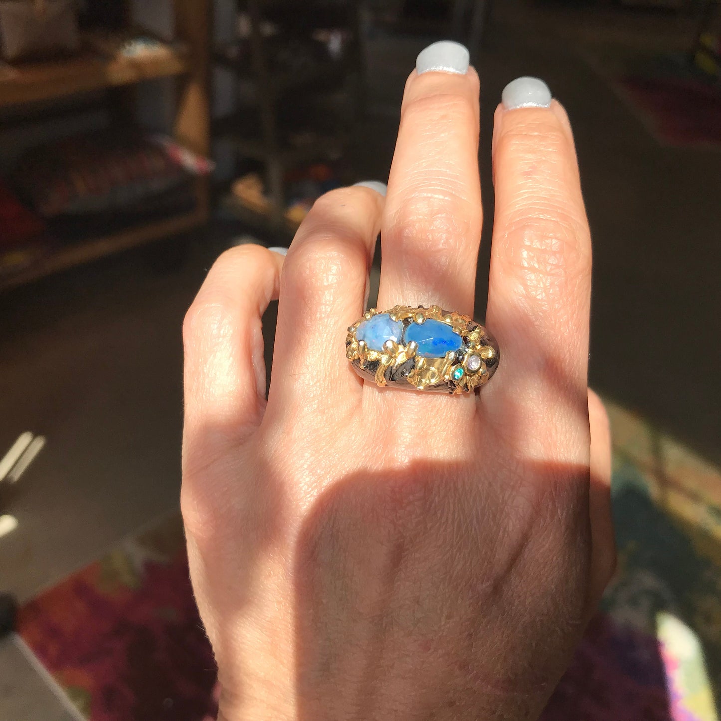 sterling silver natural blue fire opal band Etnika ring 8