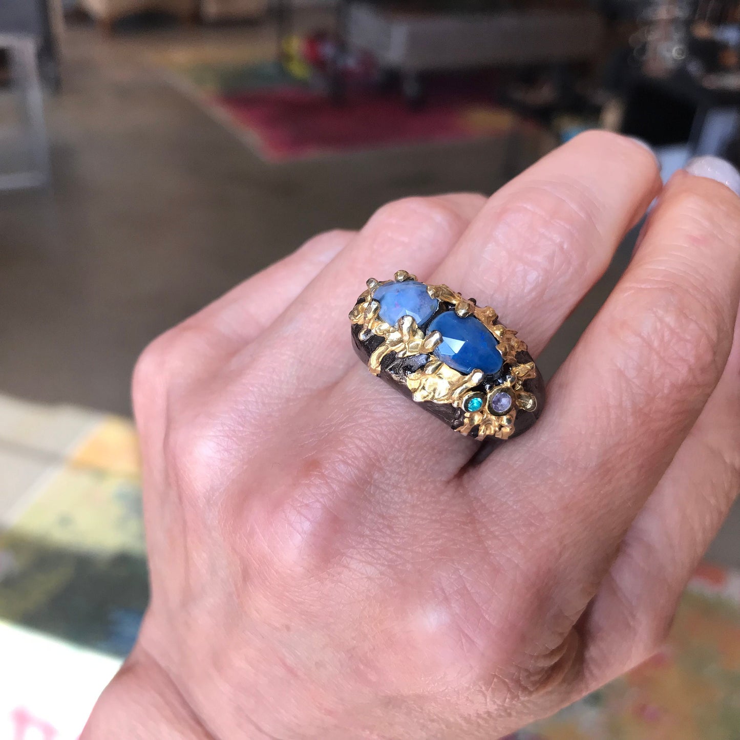 sterling silver natural blue fire opal band Etnika ring 8