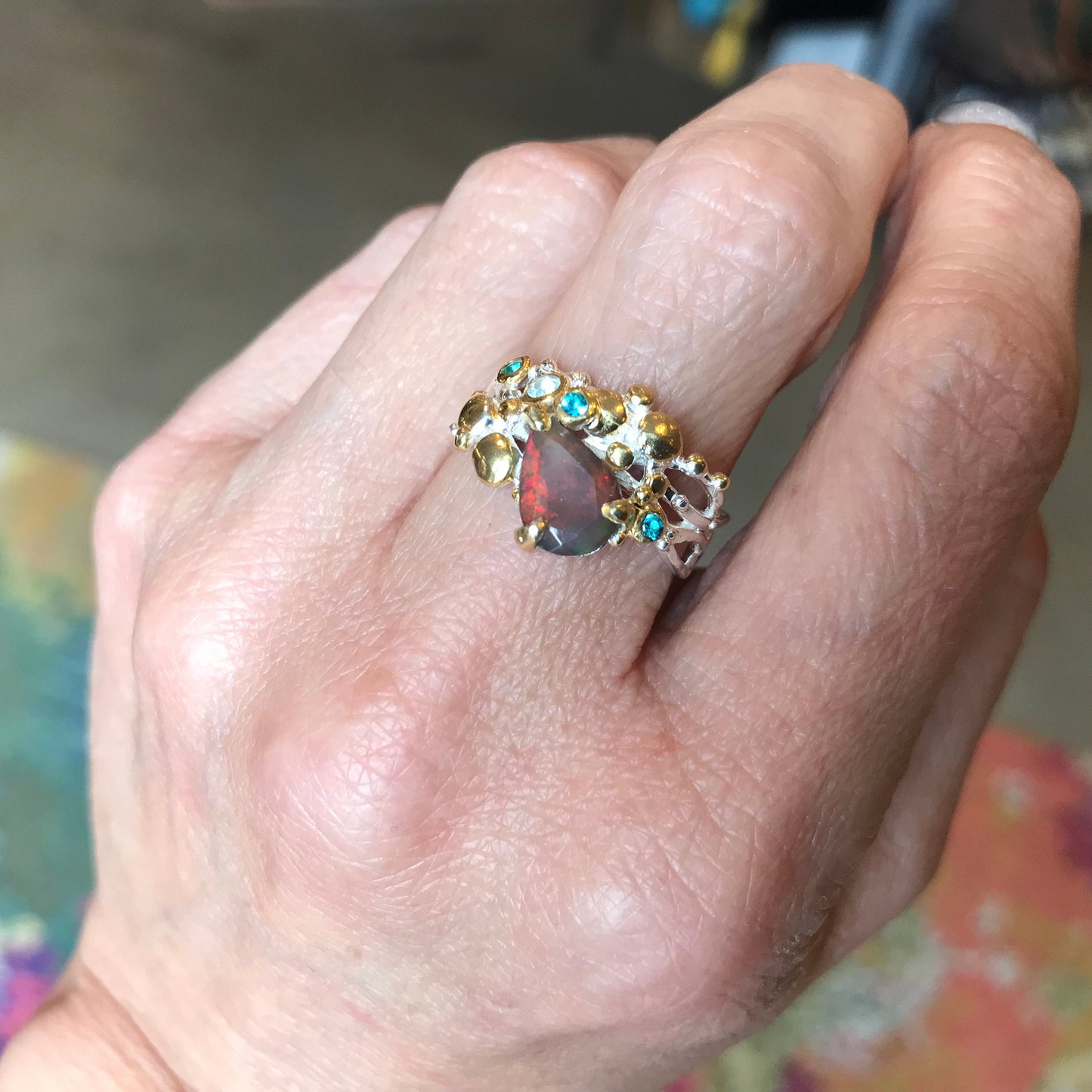 sterling silver Natural black red fire opal band ring 7