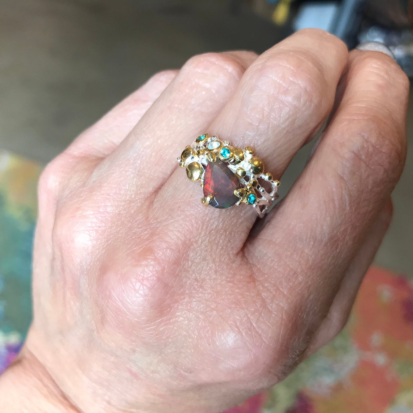 sterling silver Natural black red fire opal band ring 7