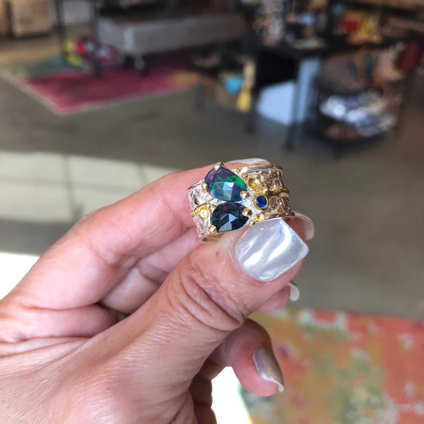 sterling silver Natural black blue fire opal band ring 8.5