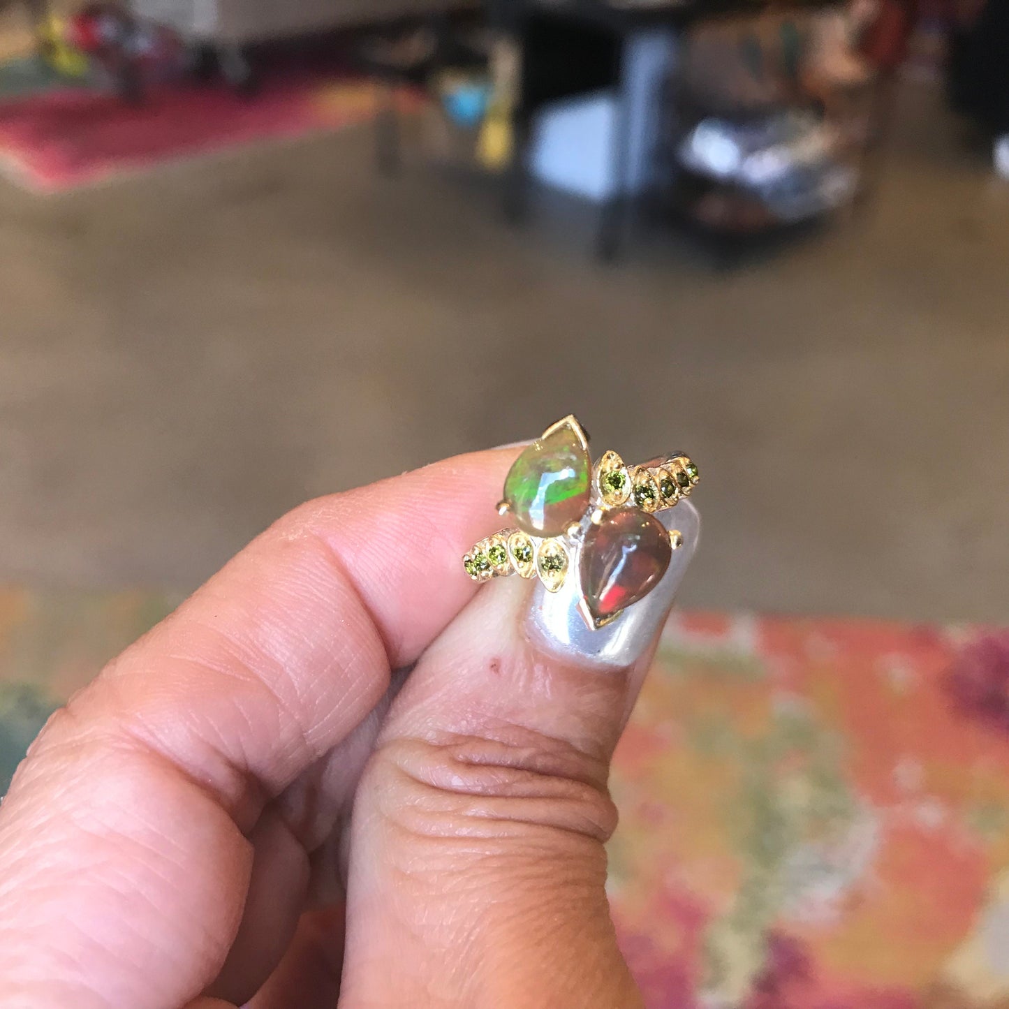 Sterling Silver Natural Fire opal Peridot ring 6.5