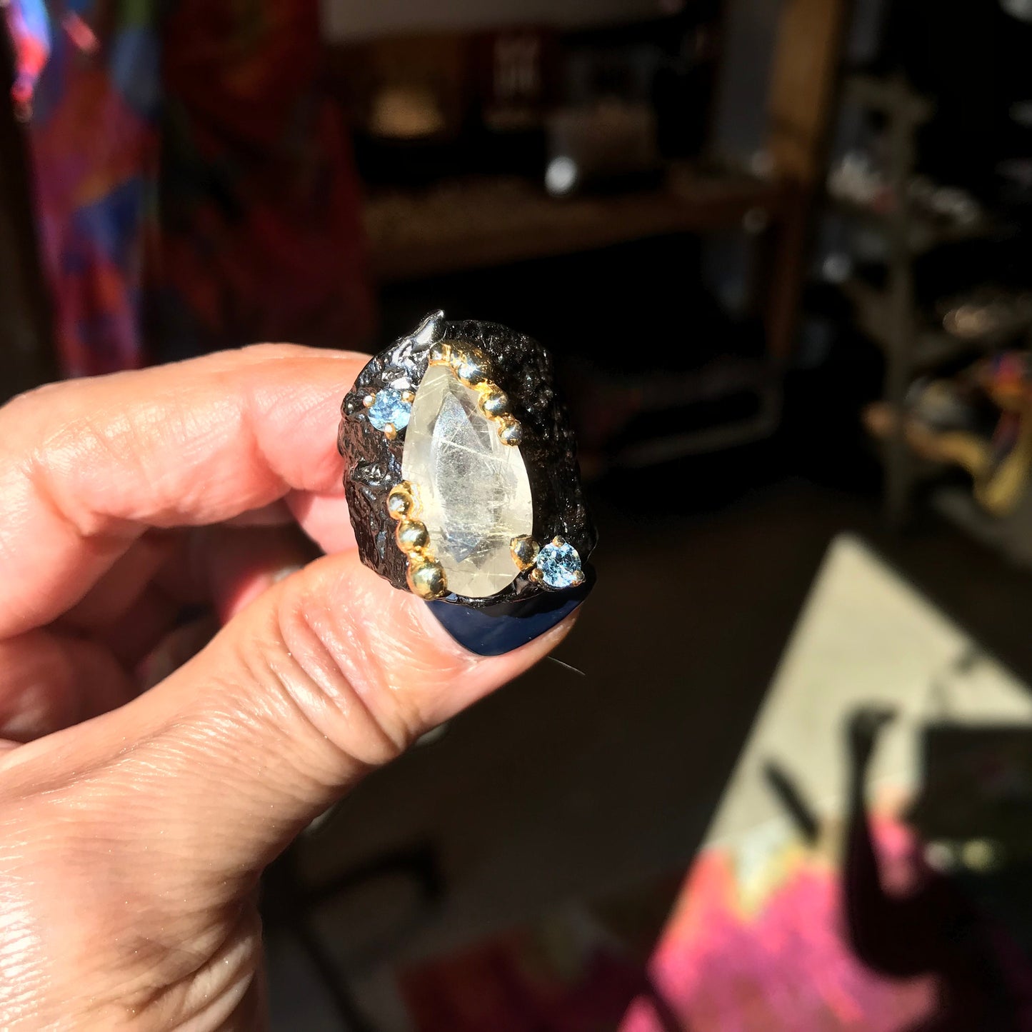 925 sterling silver rutilated quartz  topaz statement ring 8.5