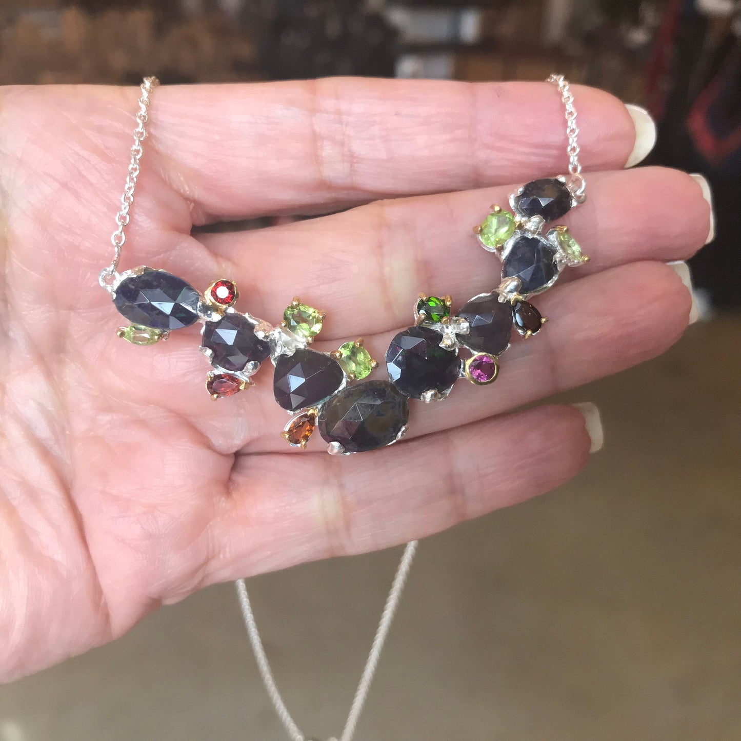 Natural Rainbow black opal heirloom Silver Necklace 19”