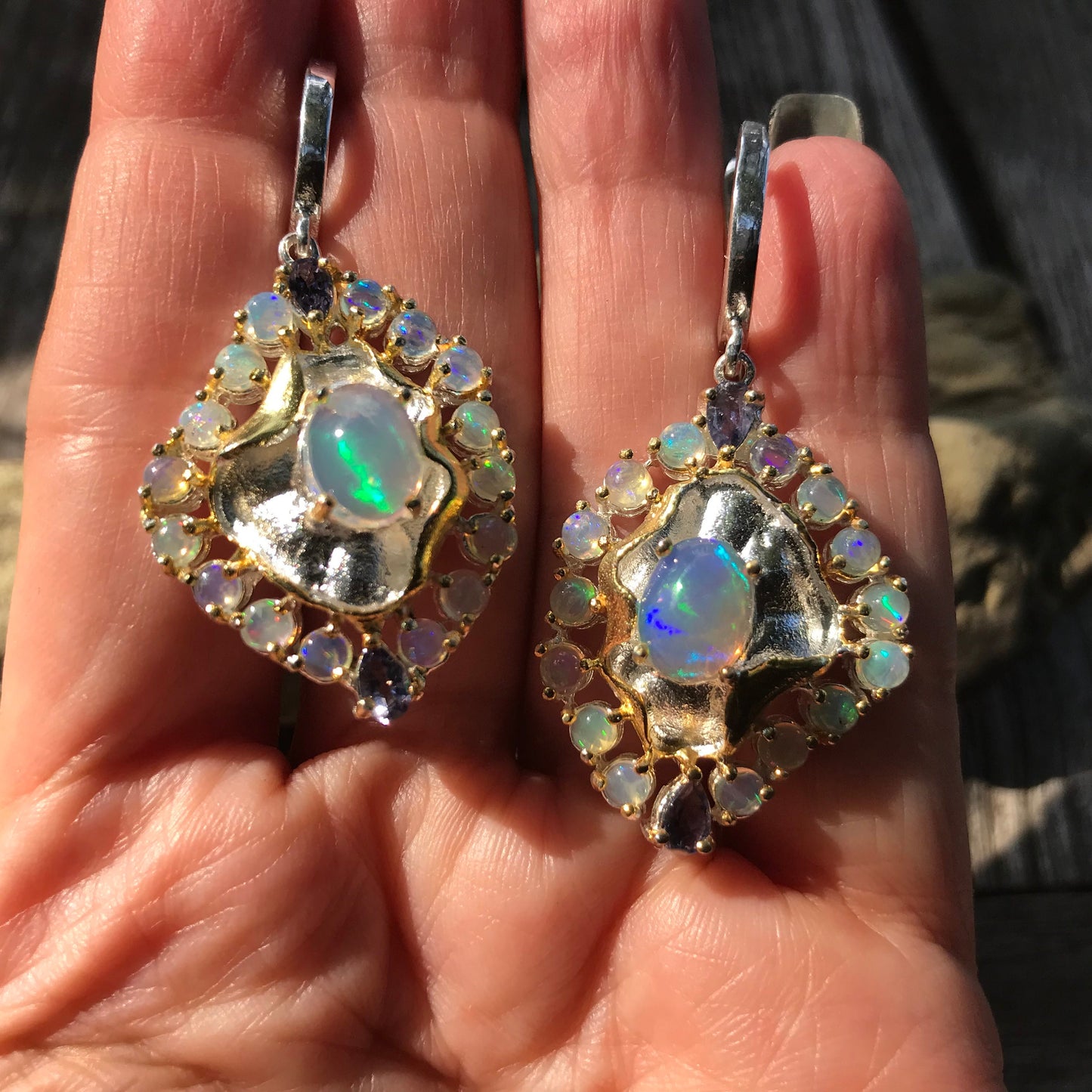sterling silver Rainbow cluster Natural opal lolite earrings
