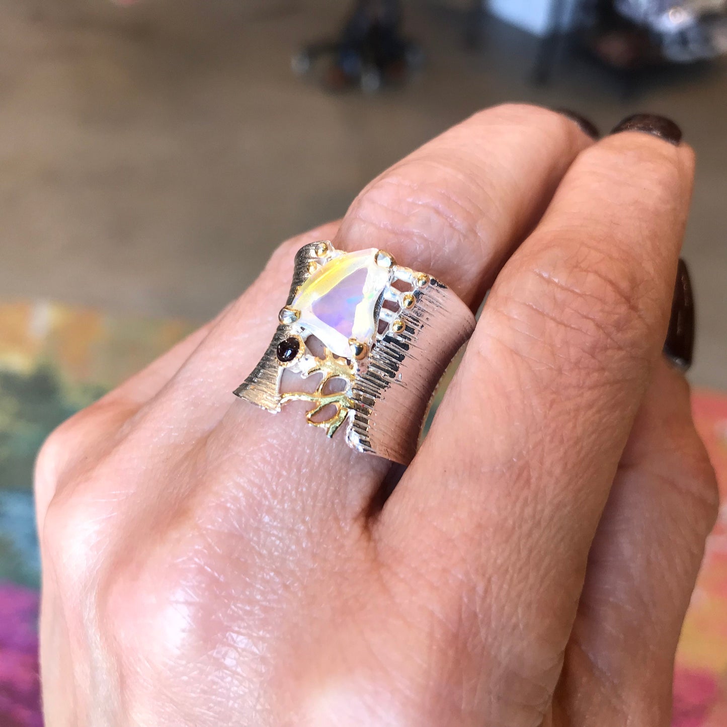 sterling silver natural Raw opal band ring 8