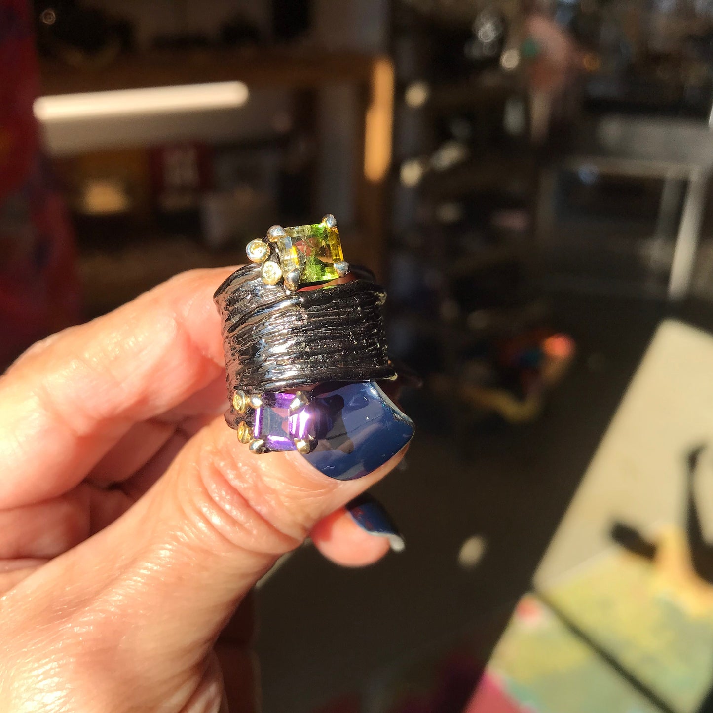 Sterling Silver Statement tourmaline Amethyst band ring 7