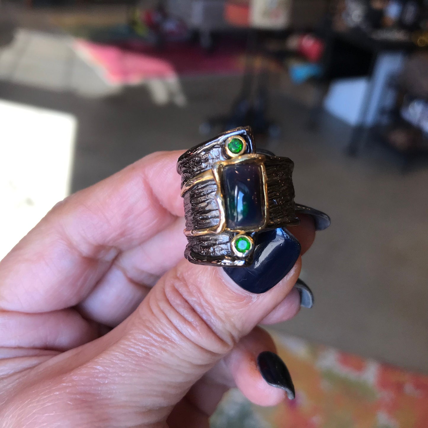 sterling silver natural fire rainbow black opal band Etnika ring 7.5