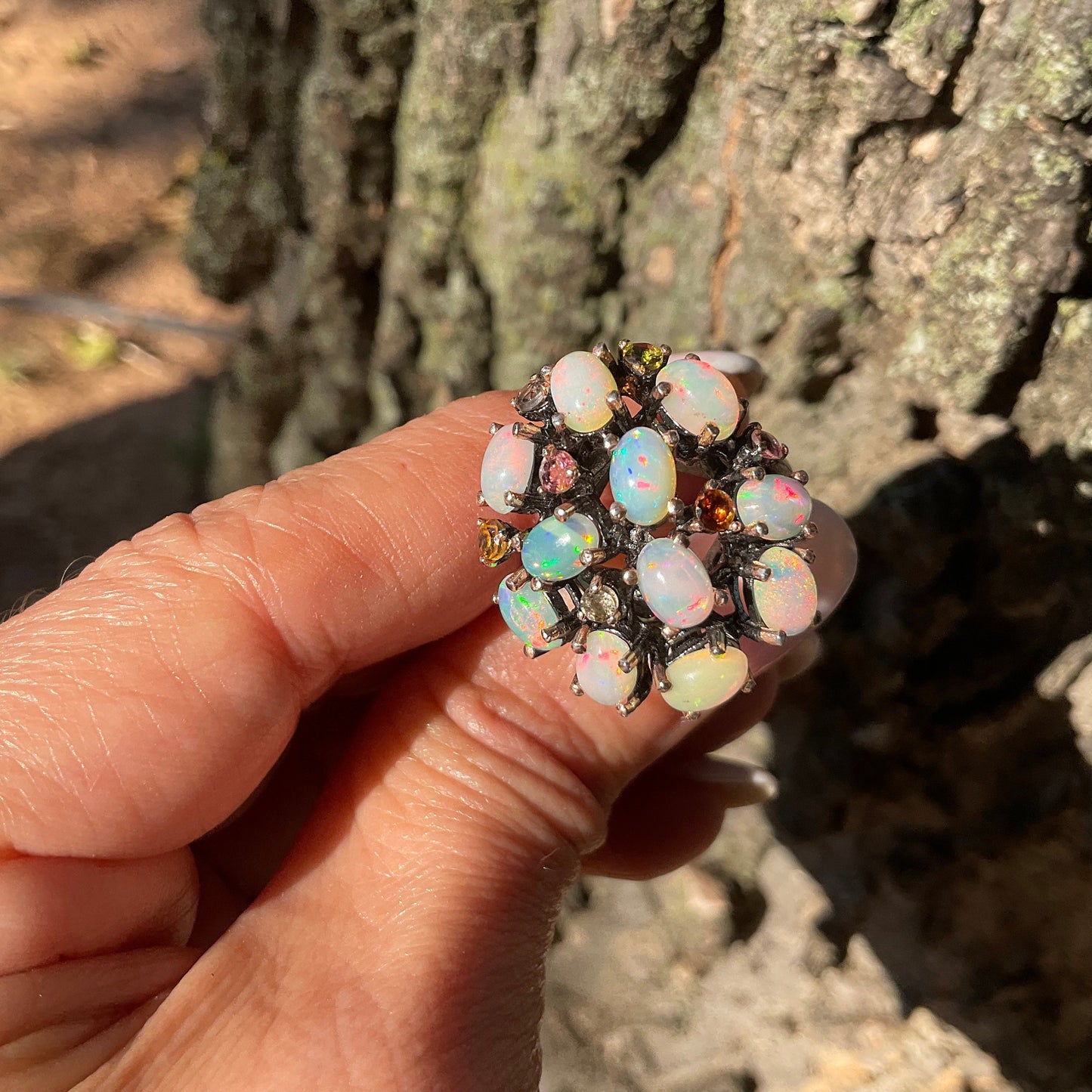 Sterling Silver black opal Etnika tourmaline cluster Ring 8