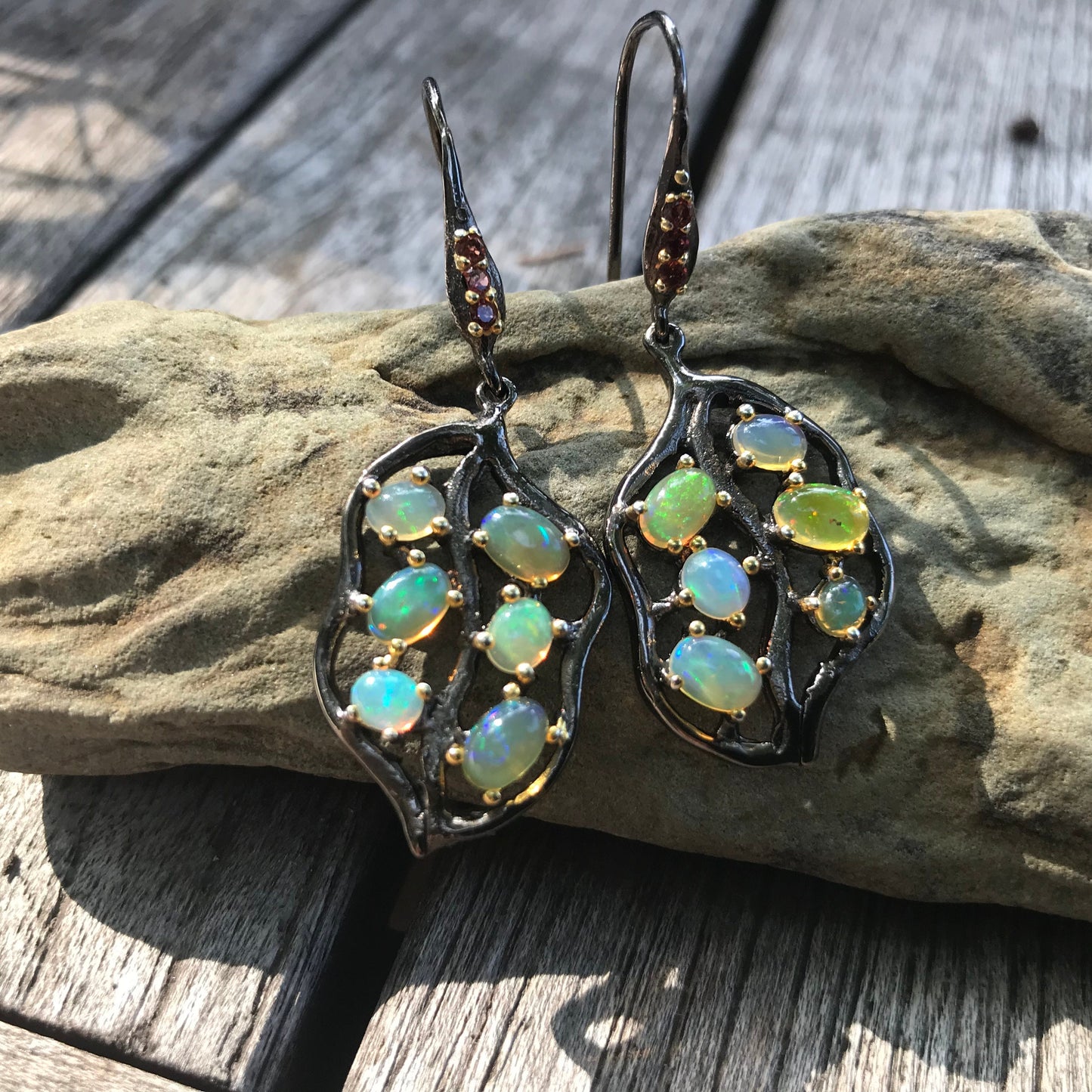 sterling silver Rainbow cluster Natural opal earrings