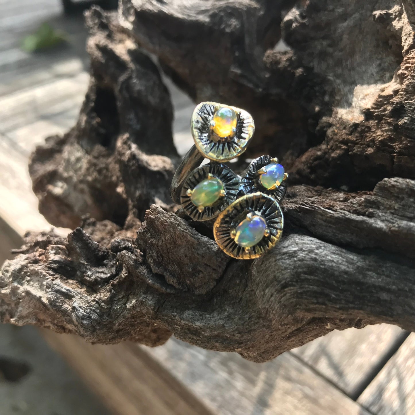 Natural Rainbow opal organic abstract Sterling Silver Ring 6.5