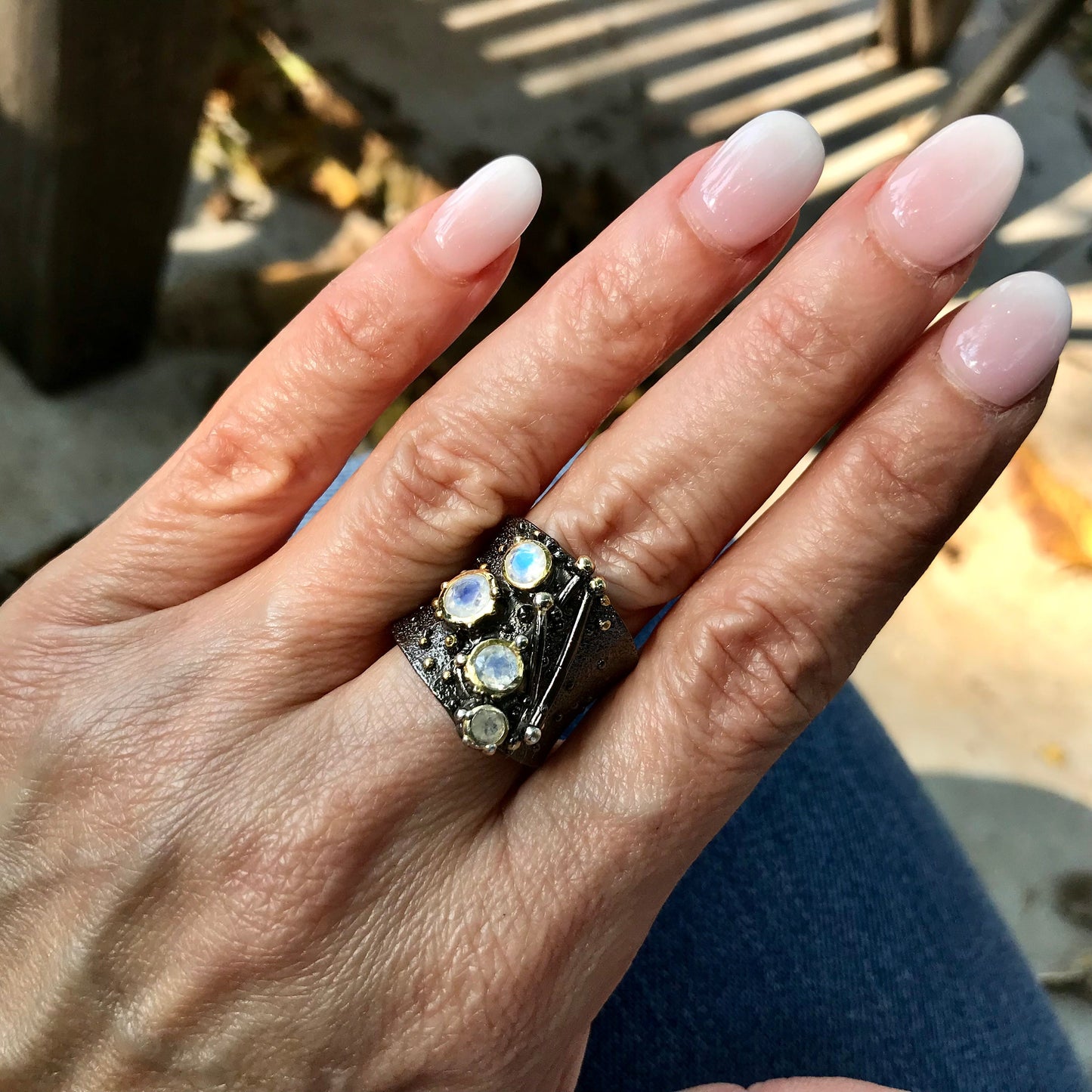 sterling silver natural moonstone rustic band cuff ring 7.5 8 or 9