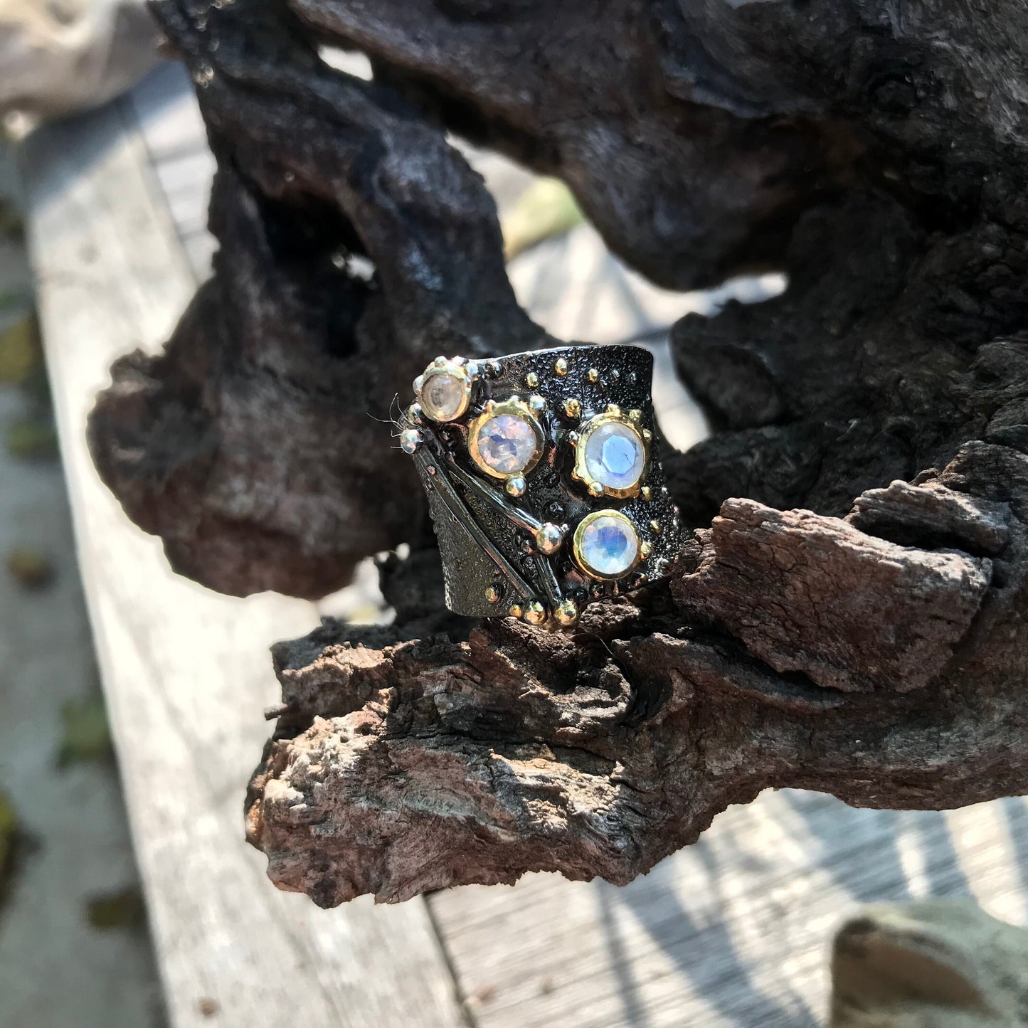 sterling silver natural moonstone rustic band cuff ring 7.5 8 or 9