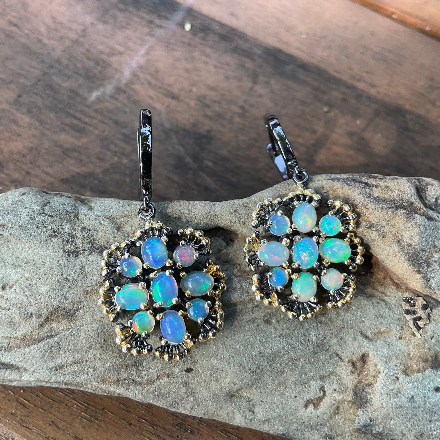 sterling silver Rainbow cluster Natural opals earrings