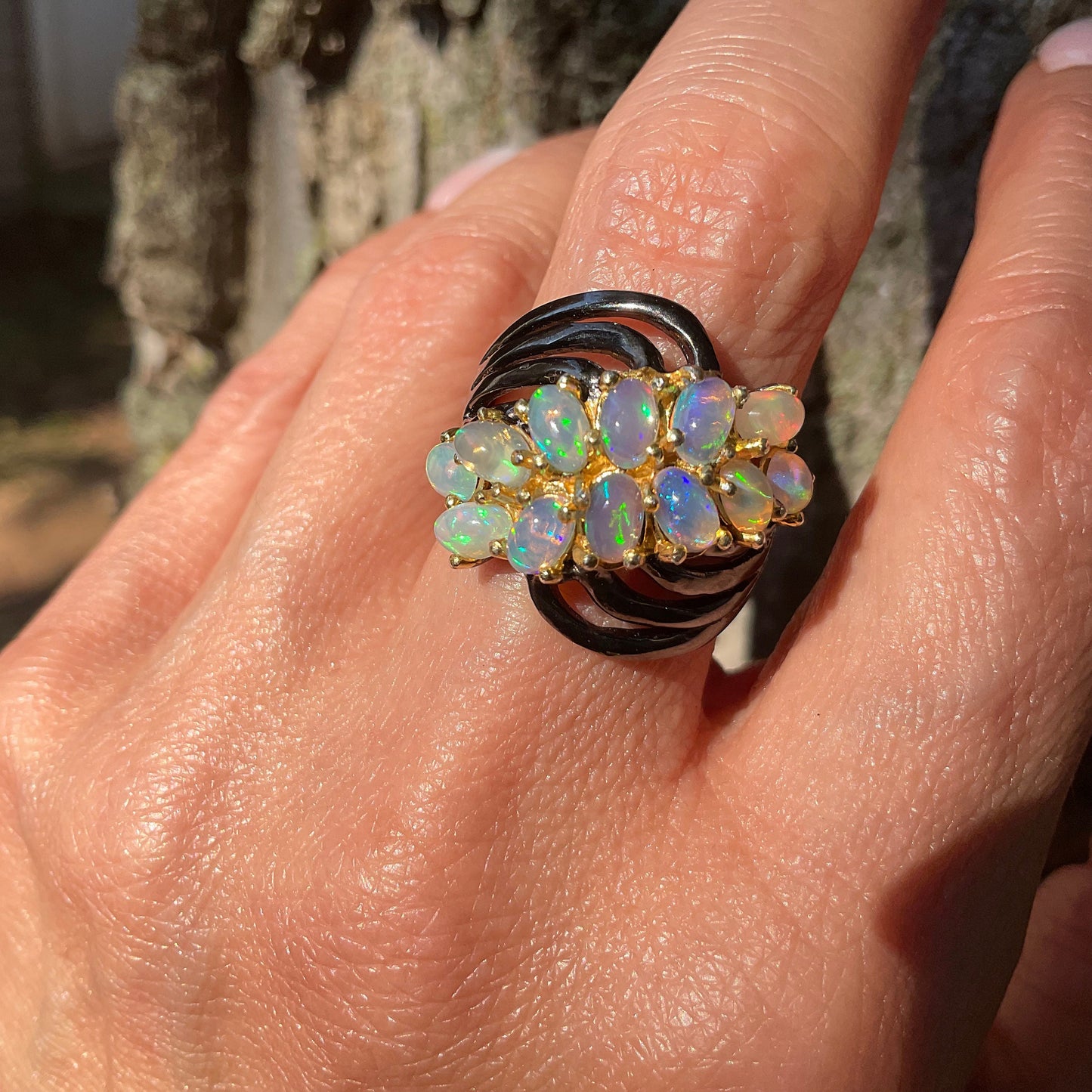 Sterling Silver Fire opal cluster band Ring 7.5