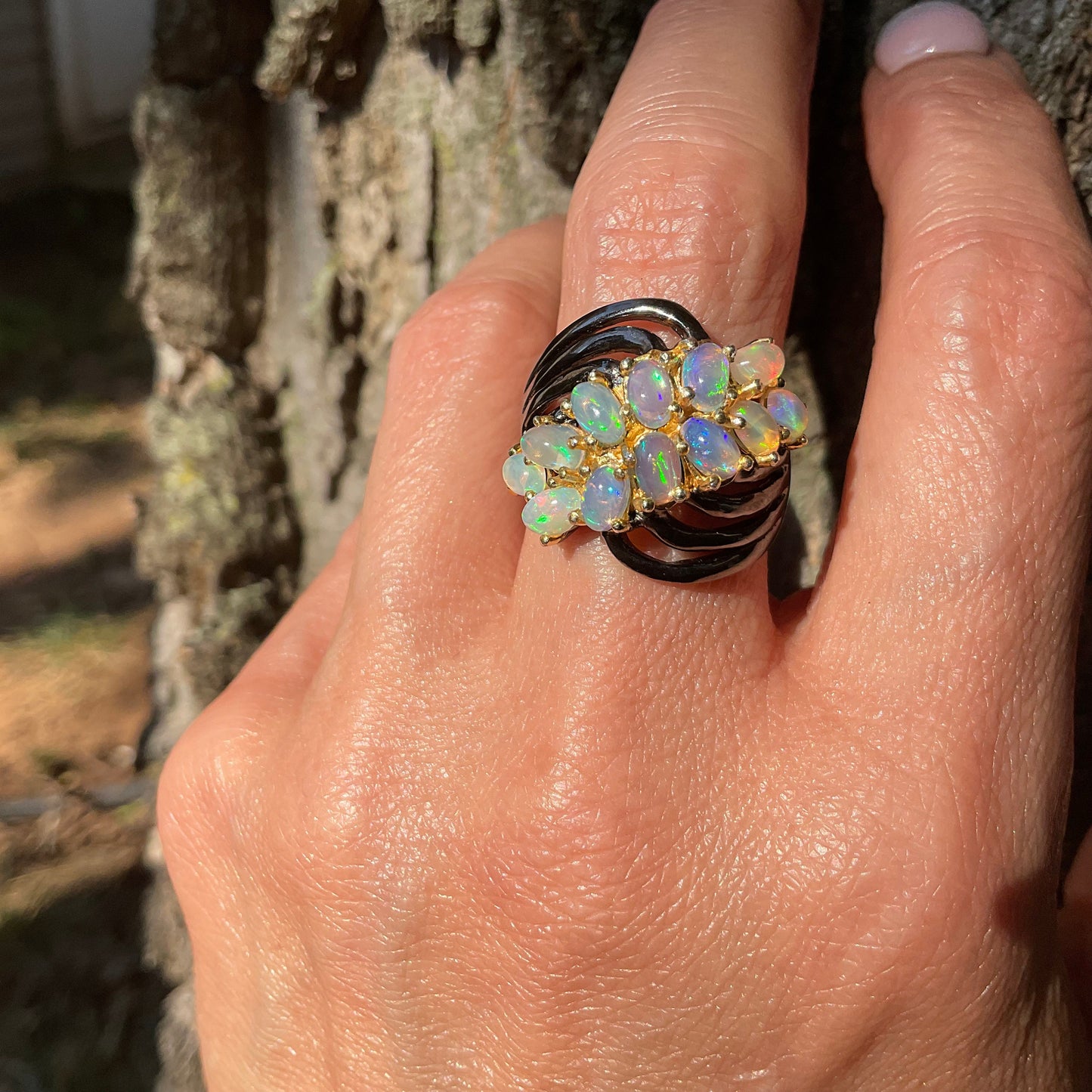 Sterling Silver Fire opal cluster band Ring 7.5