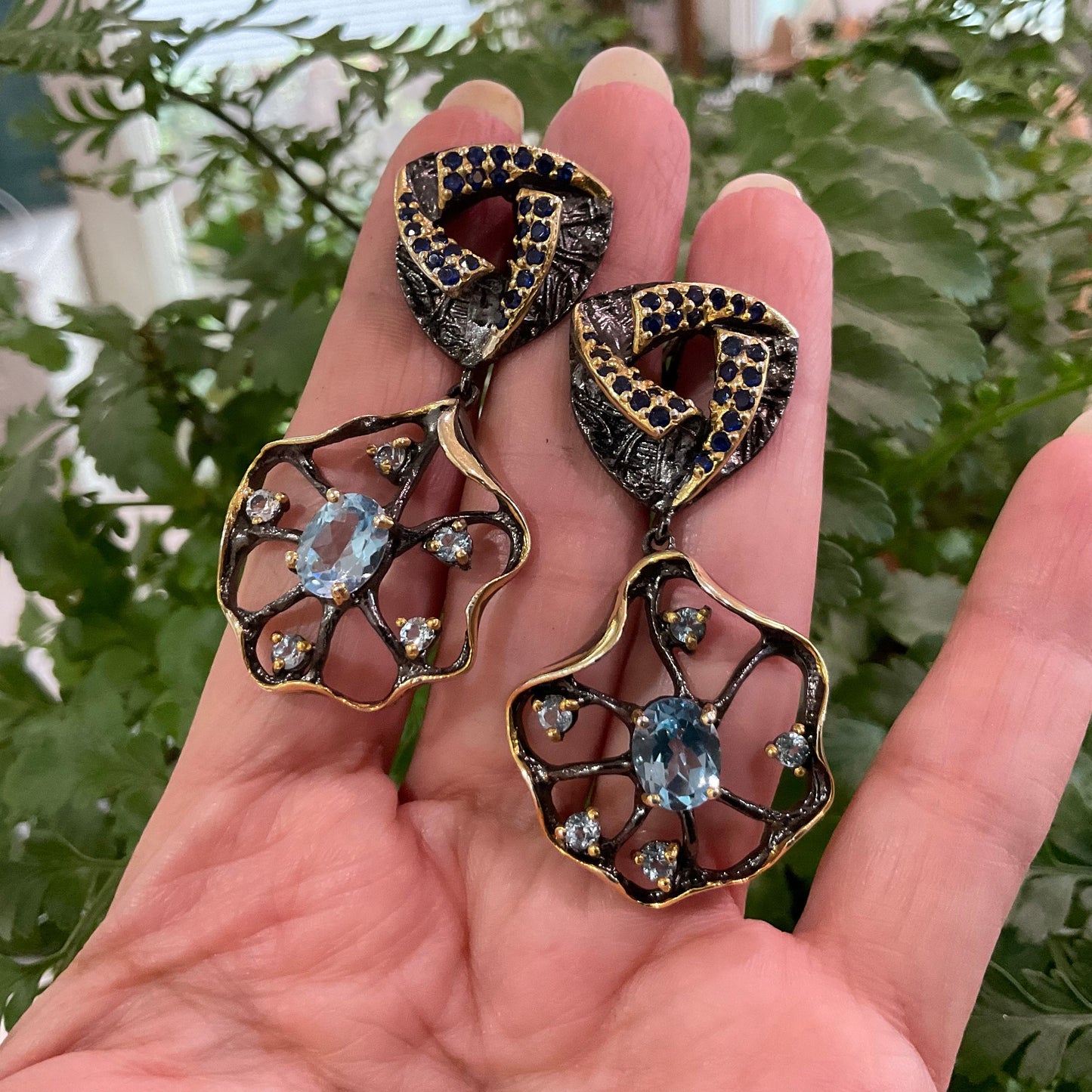 Sterling Silver Blue Topaz statement natural art modernist Earrings