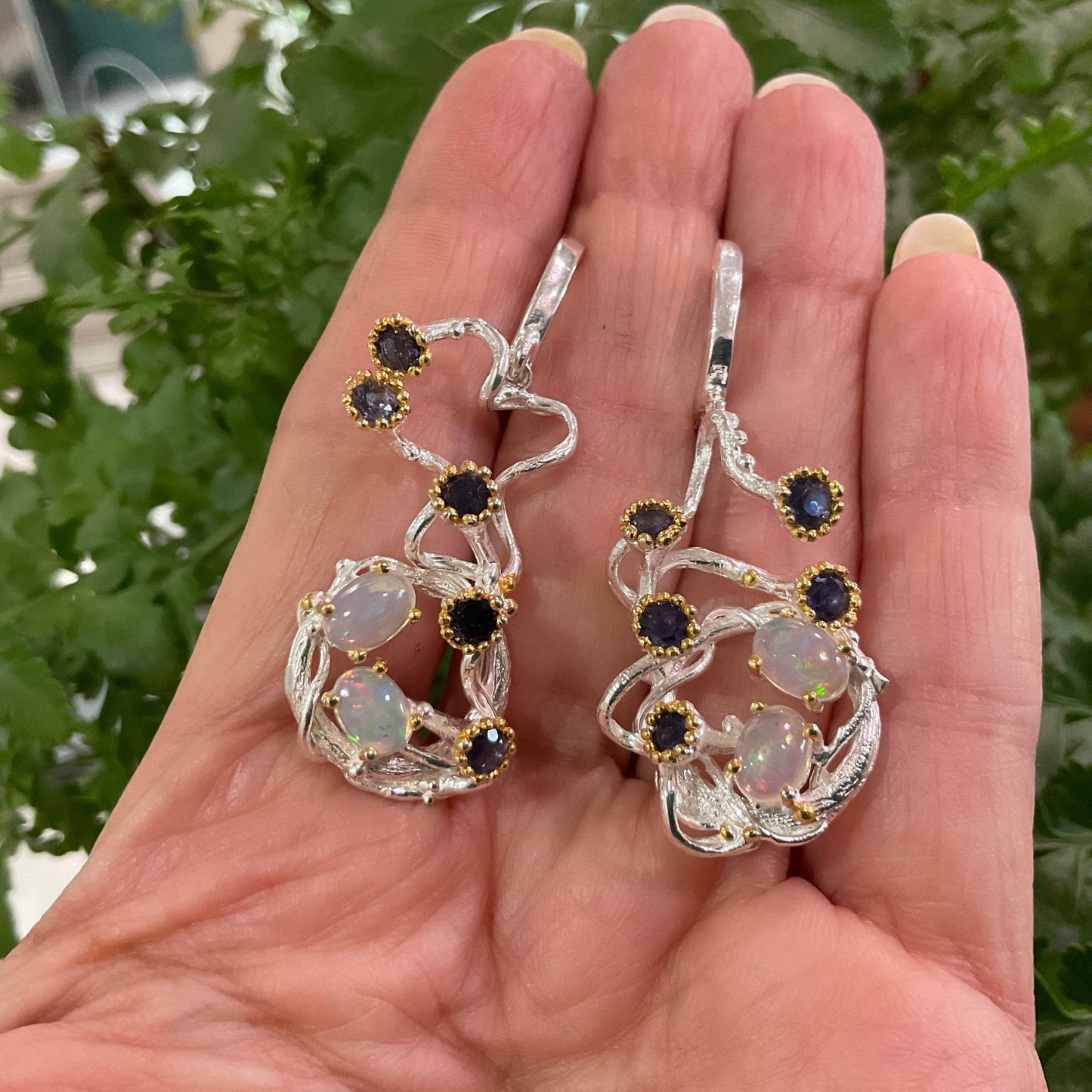 Sterling Silver Natural rainbow Opal modernist asymmetrical Dangle Earrings