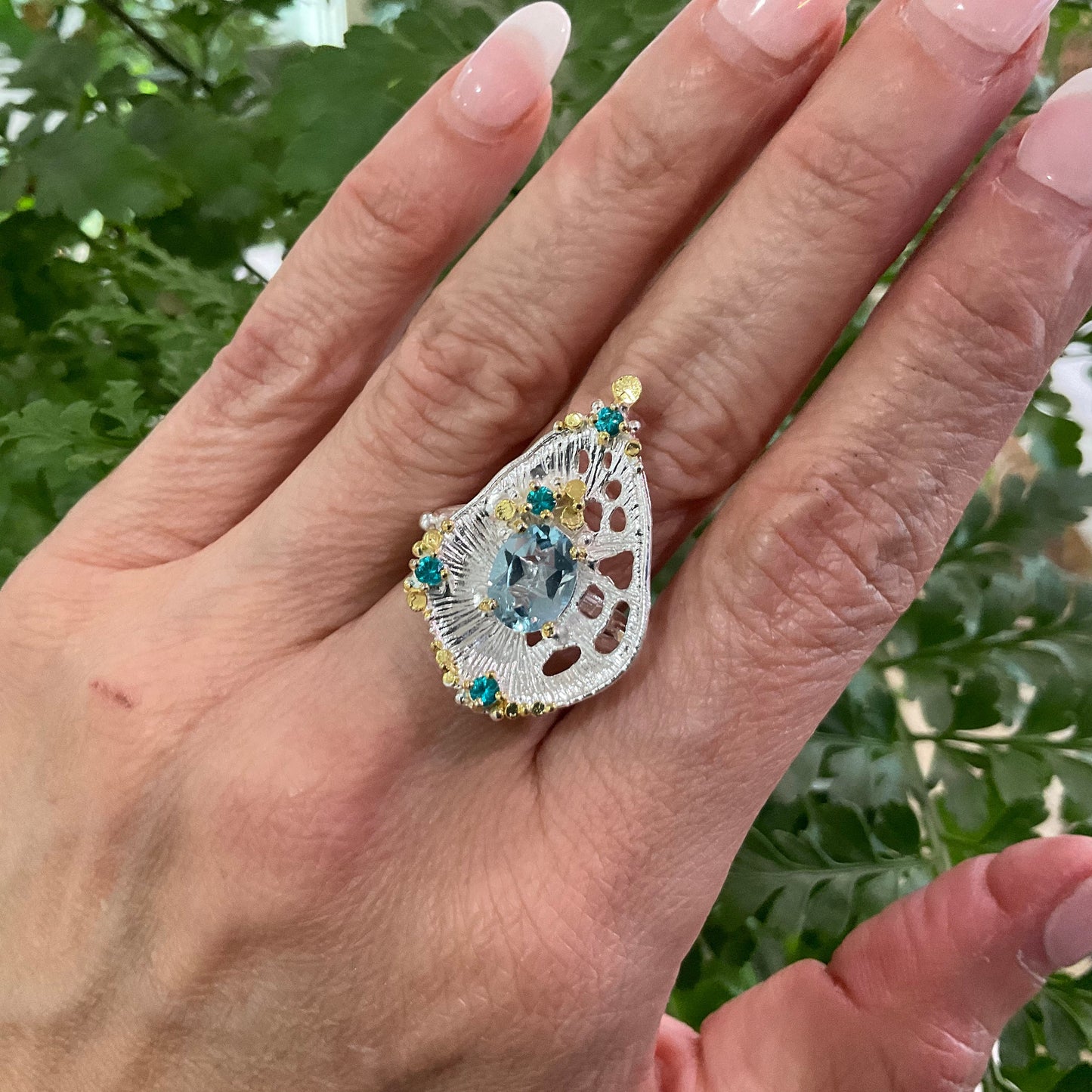 Sterling Silver abstract art blue topaz ring handmade 9