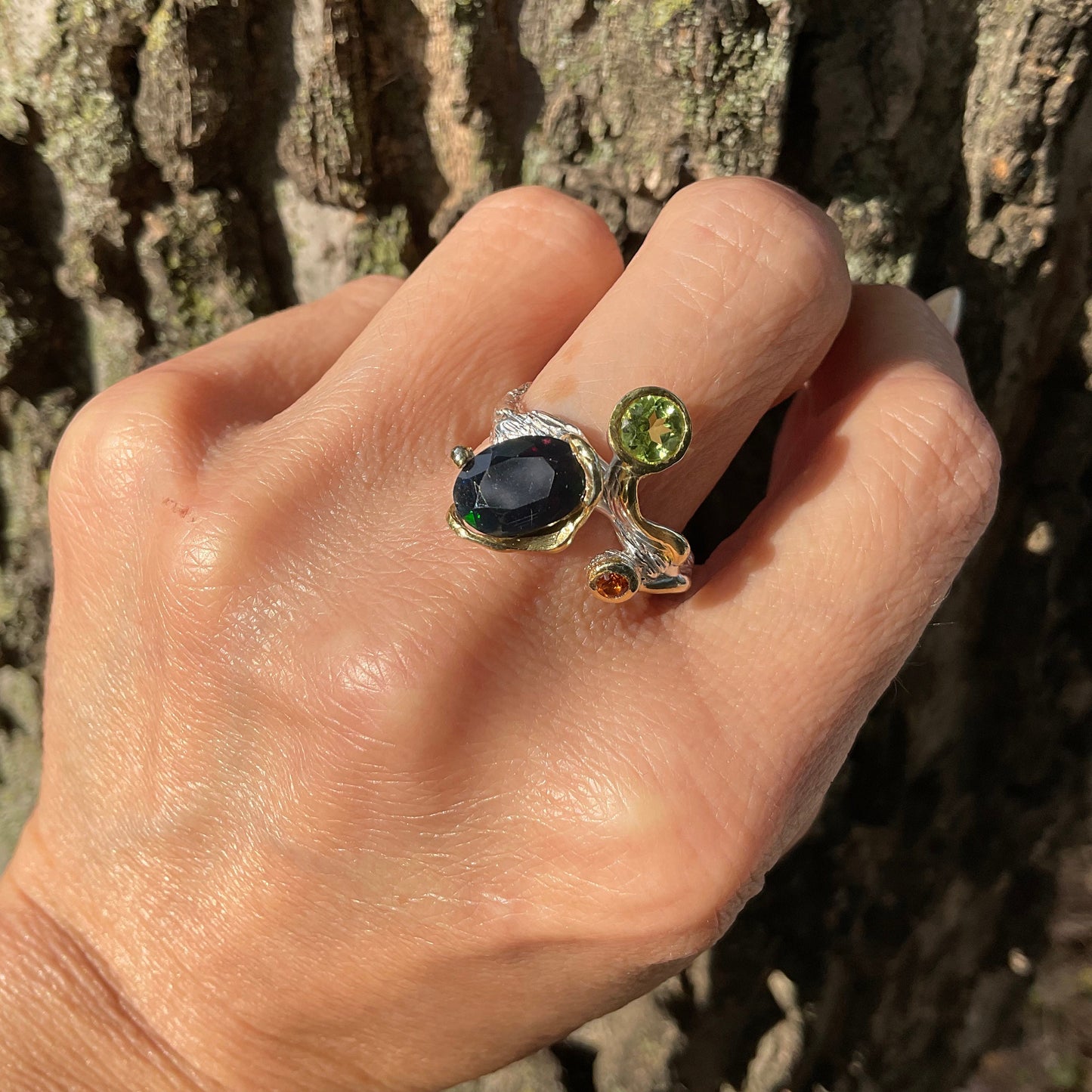 sterling silver peridot citrine natural Blue fire opal twig ring 8