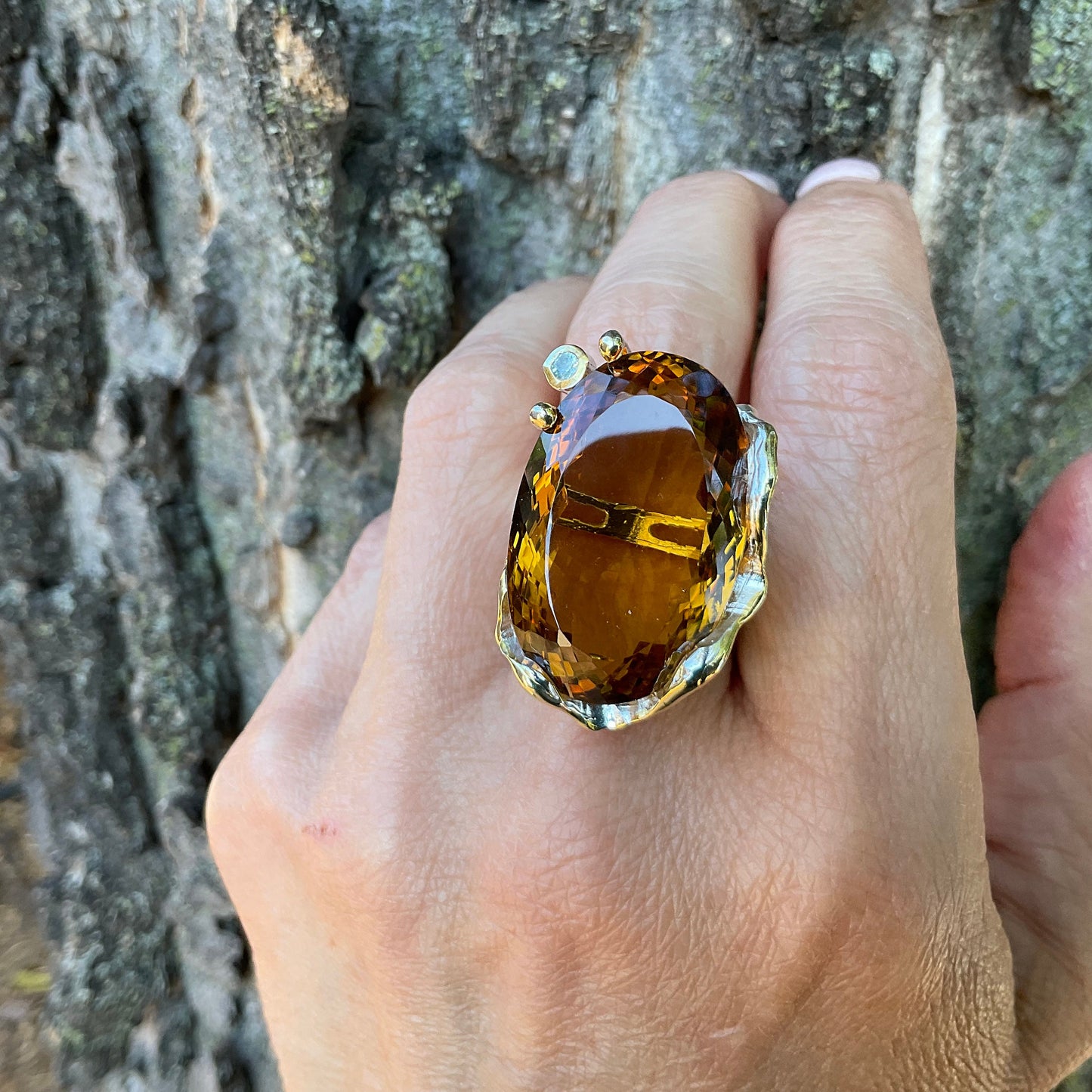 sterling silver cognac quartz statement ring huge ring 8.5 topaz