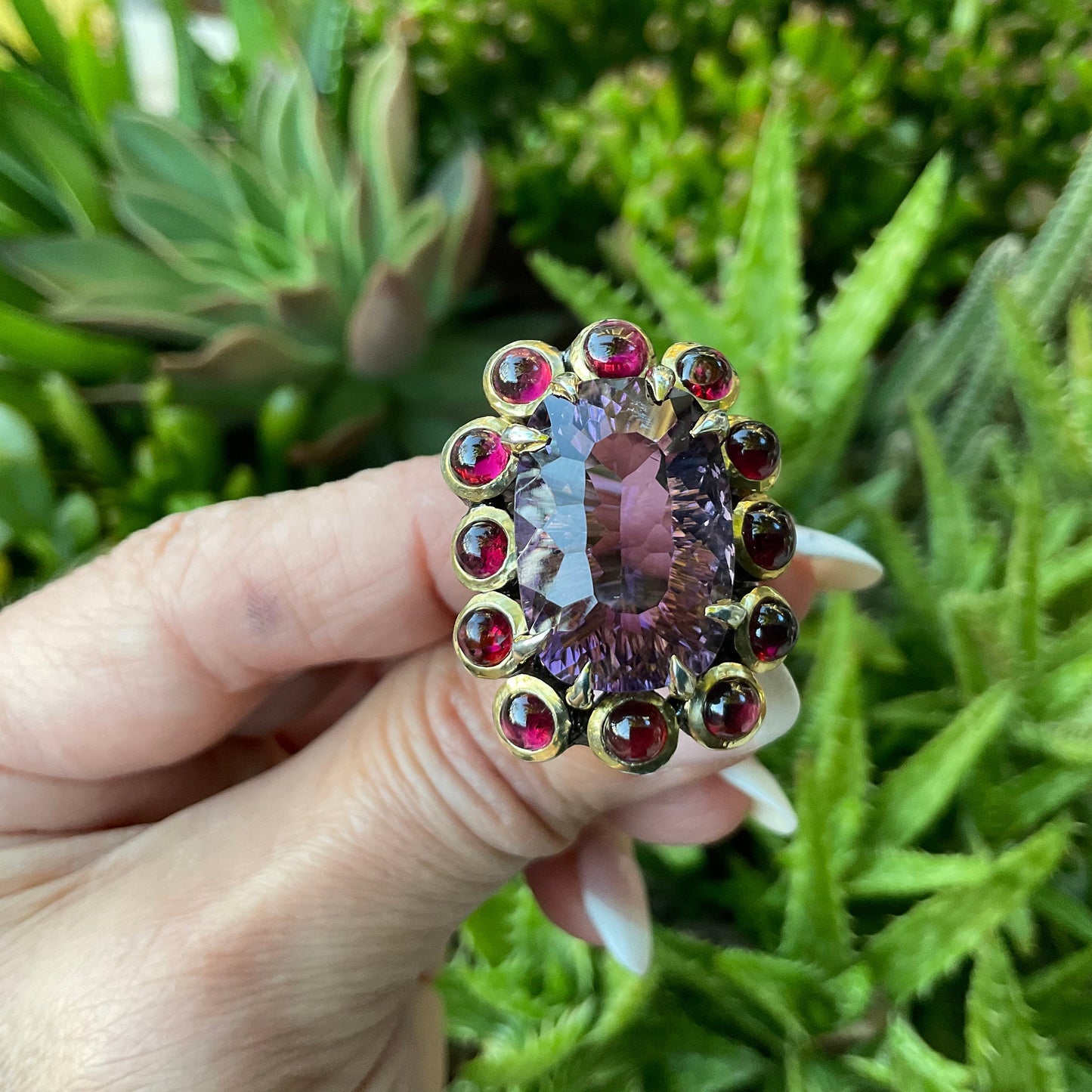 Sterling Silver Statement rhodolite Amethyst fancy Ring 7.5