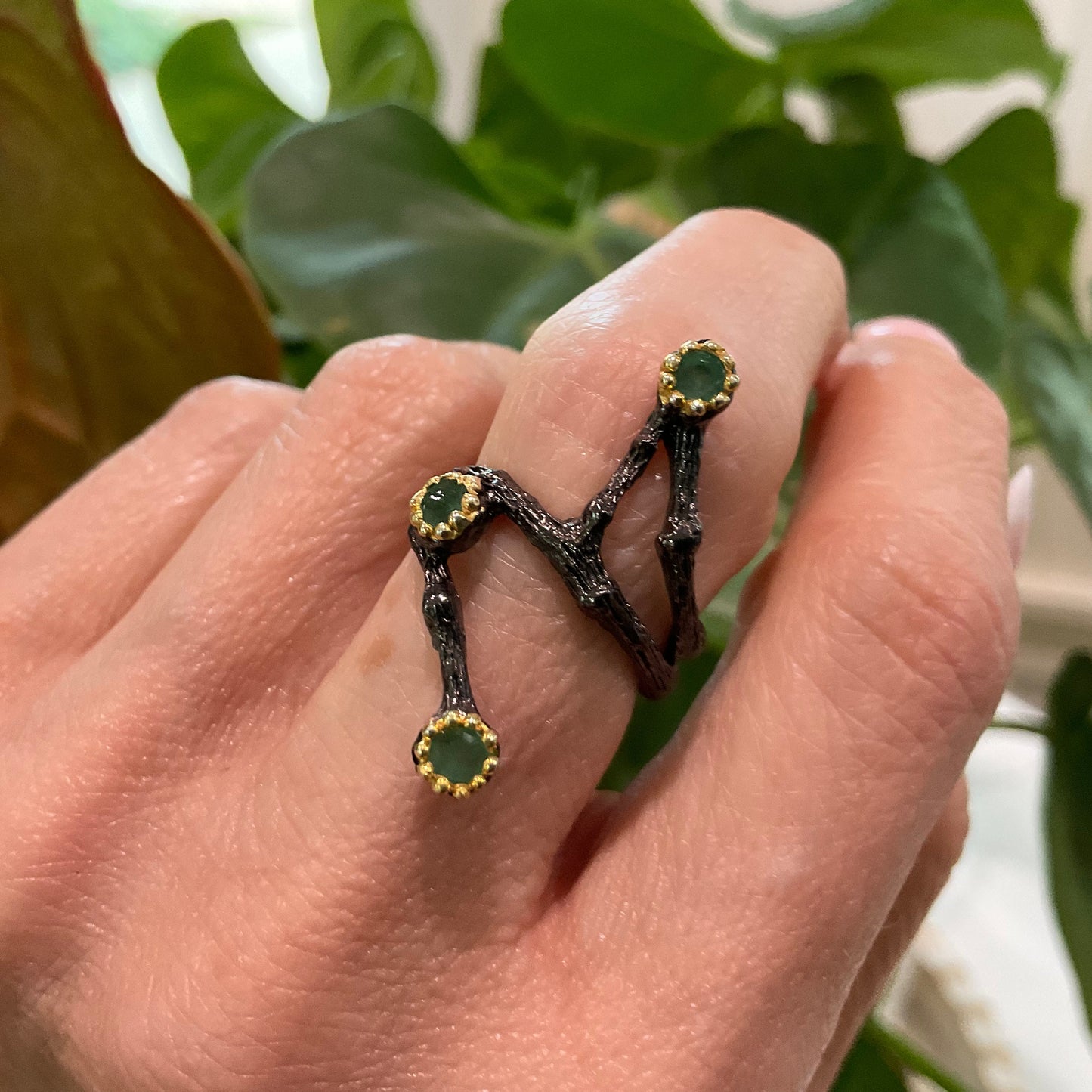 Sterling Silver Emerald Twig rustic band ring 6.5