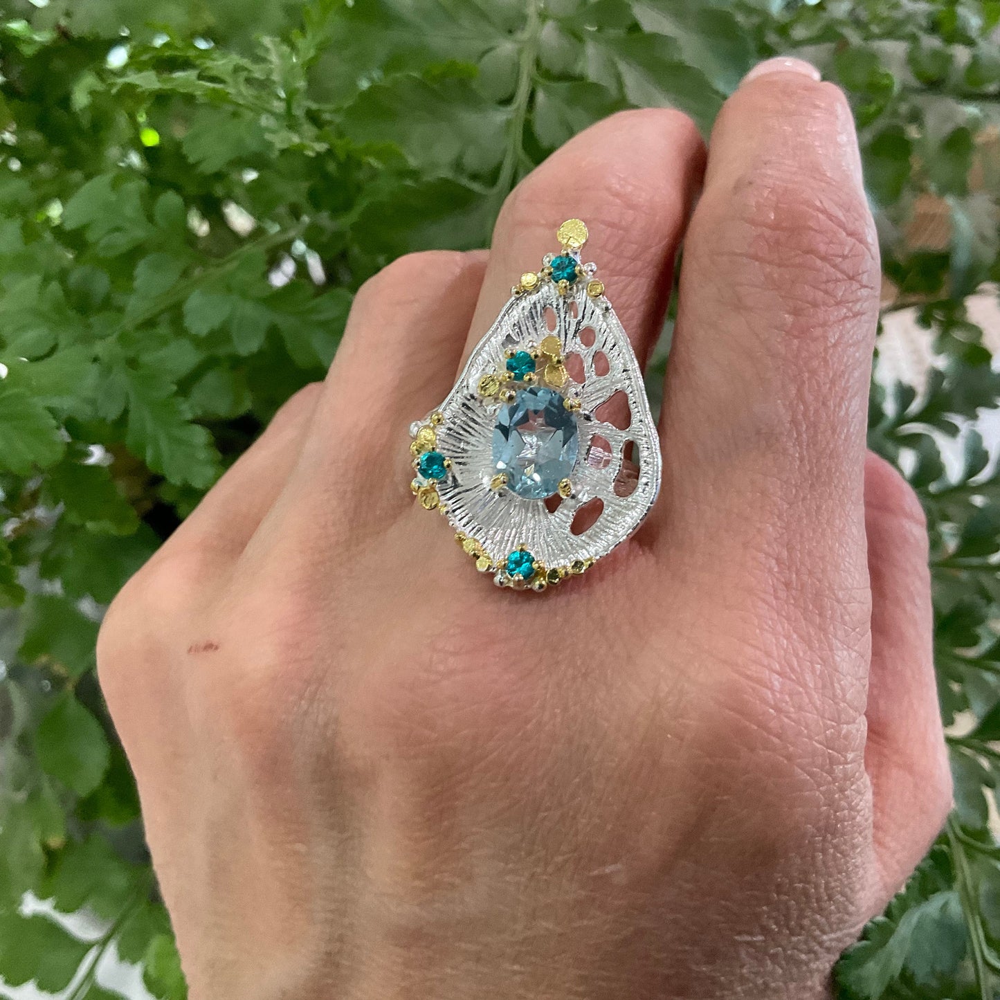 Sterling Silver abstract art blue topaz ring handmade 9