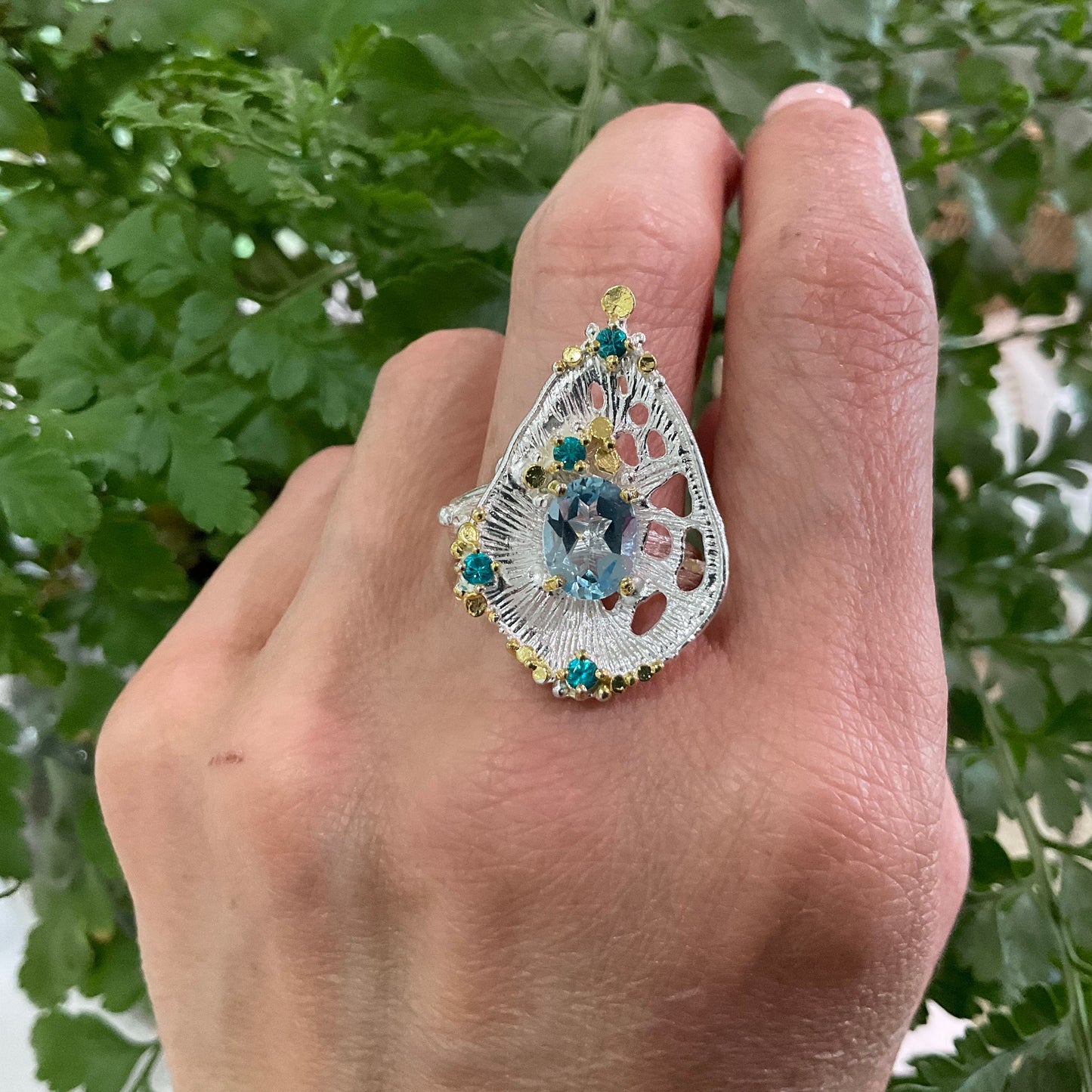 Sterling Silver abstract art blue topaz ring handmade 9