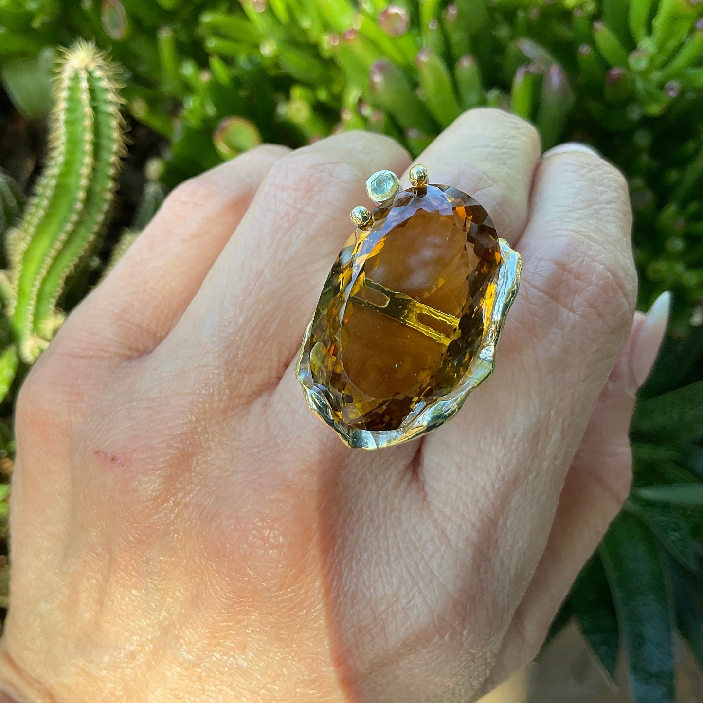sterling silver cognac quartz statement ring huge ring 8.5 topaz