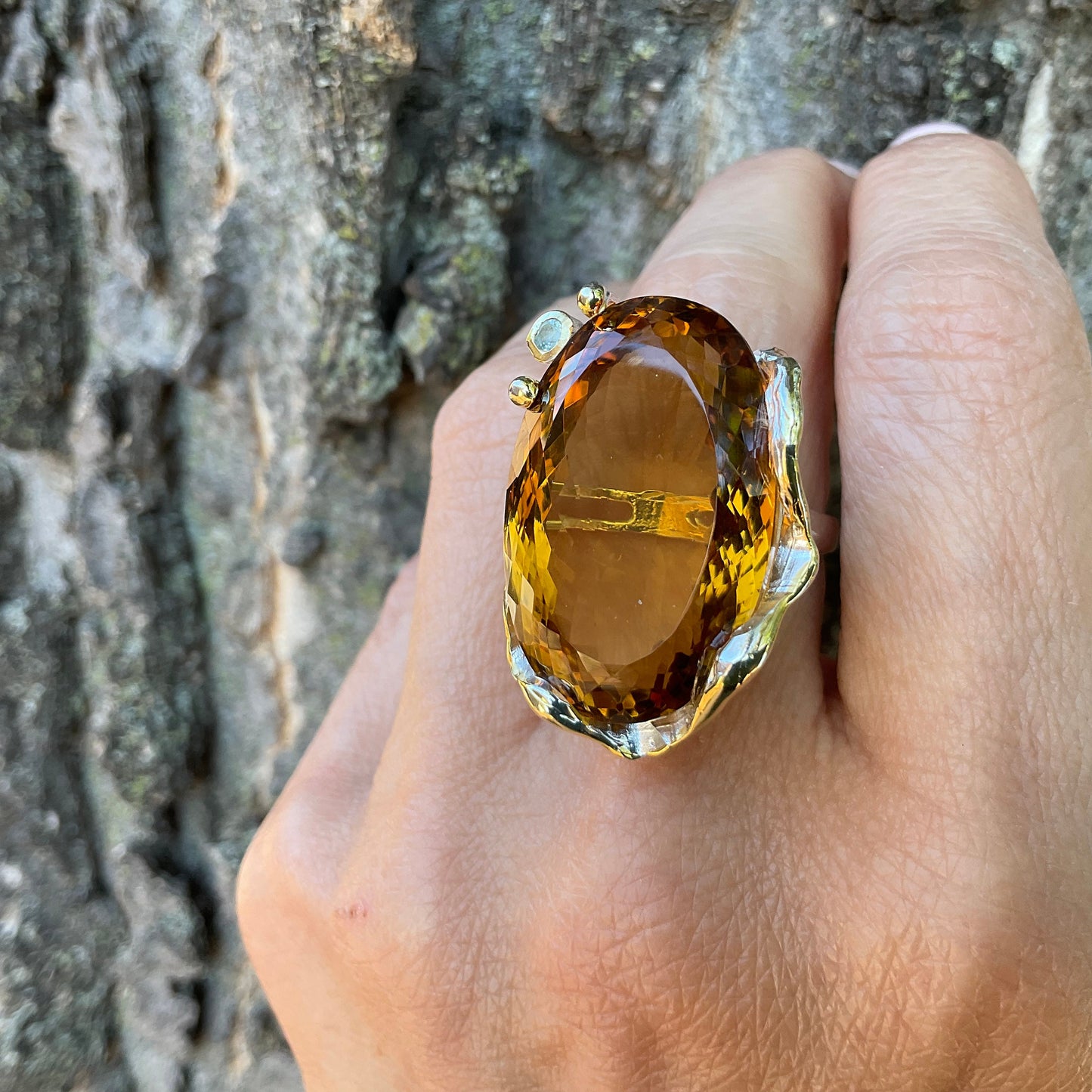 sterling silver cognac quartz statement ring huge ring 8.5 topaz