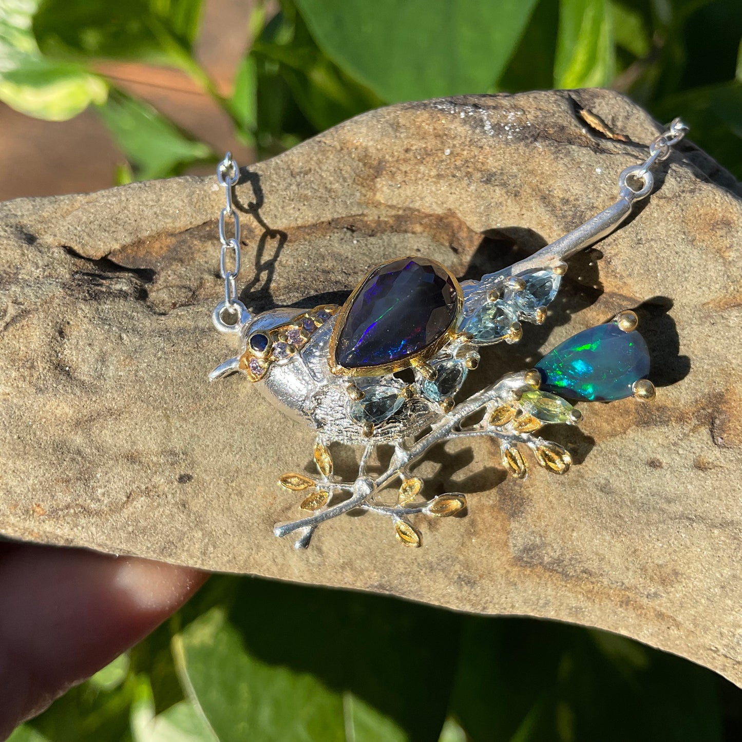 Sterling Silver Black rainbow Blue natural opal bird art Necklace