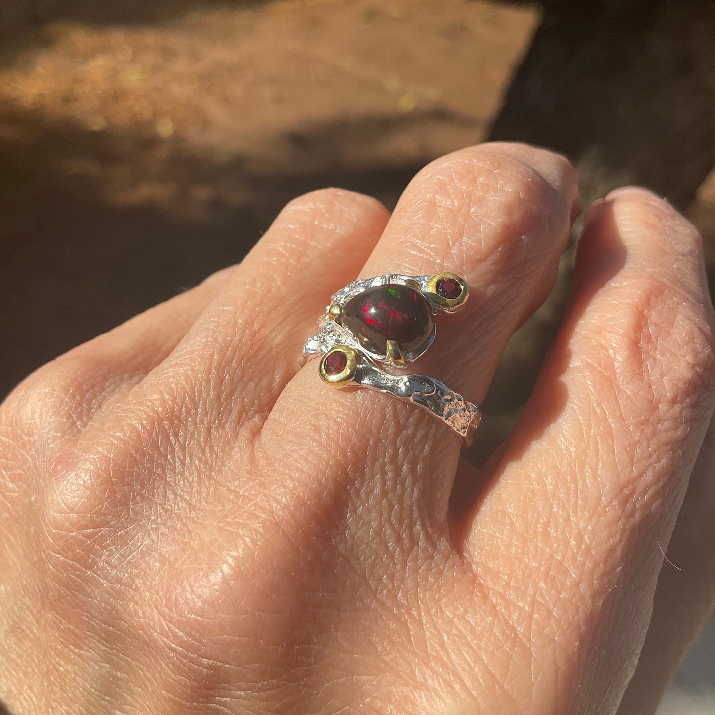 Sterling Silver Natural fire black opal band ring garnet Ring 6.5