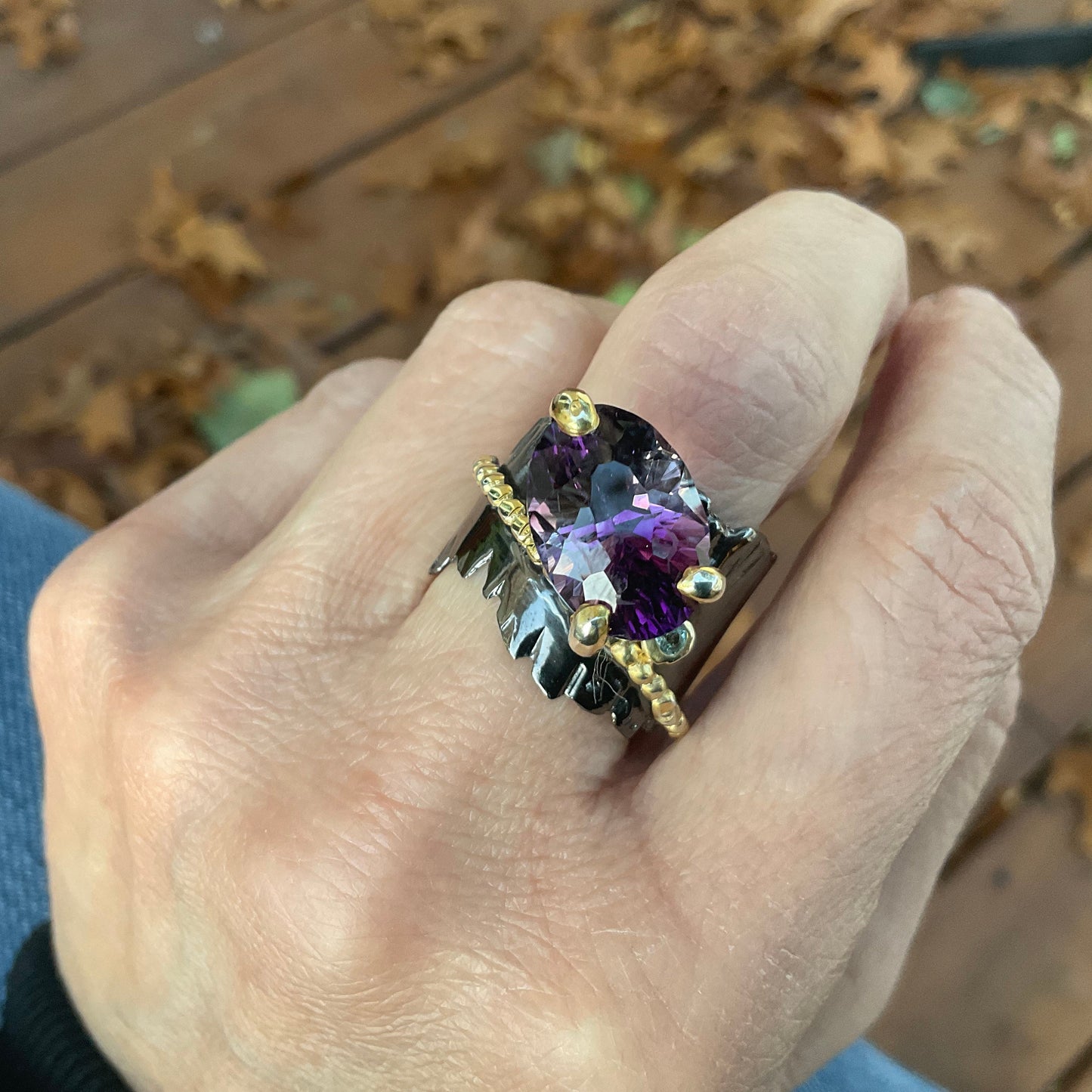 Handmade sterling Amethyst topaz statement band Ring 9