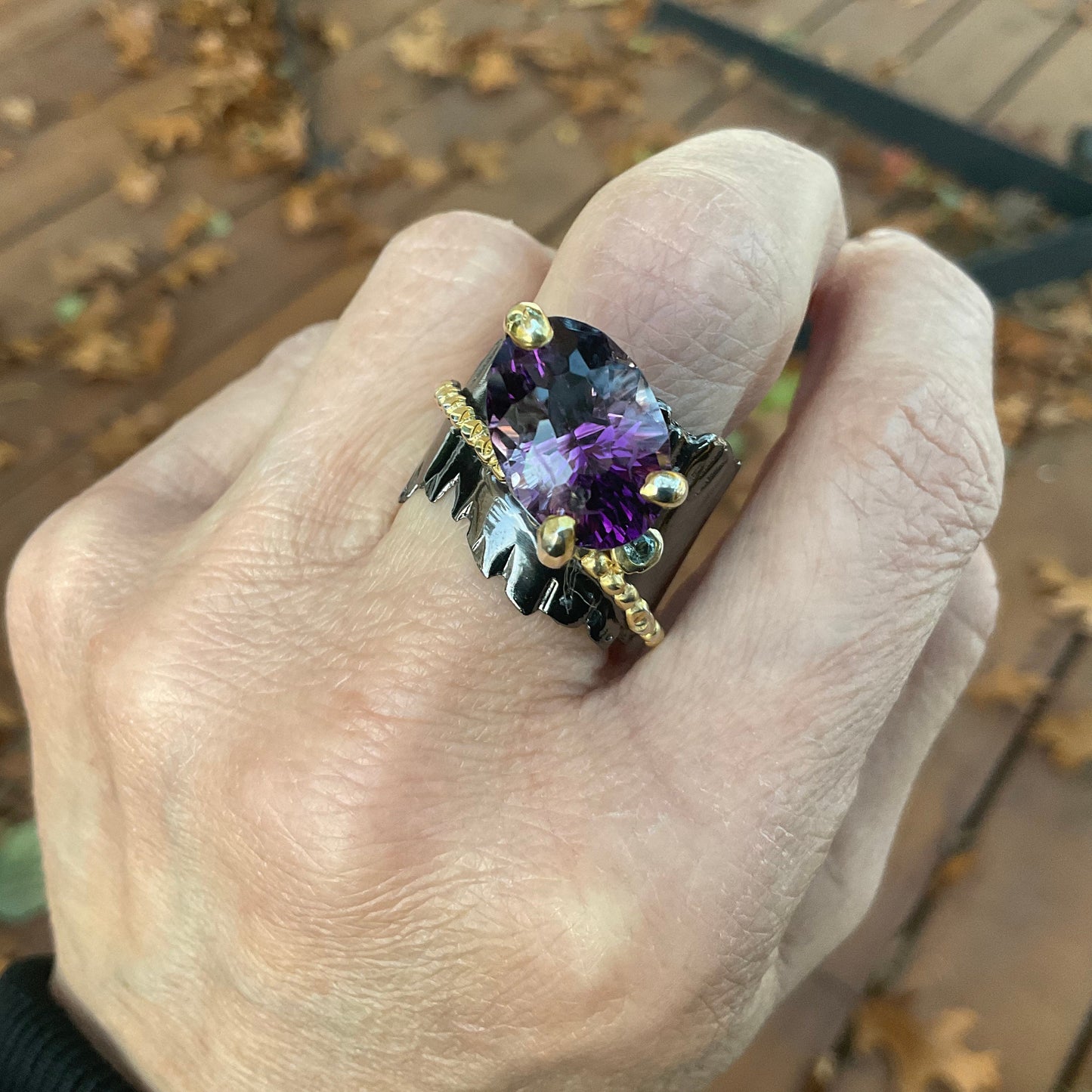 Handmade sterling Amethyst topaz statement band Ring 9