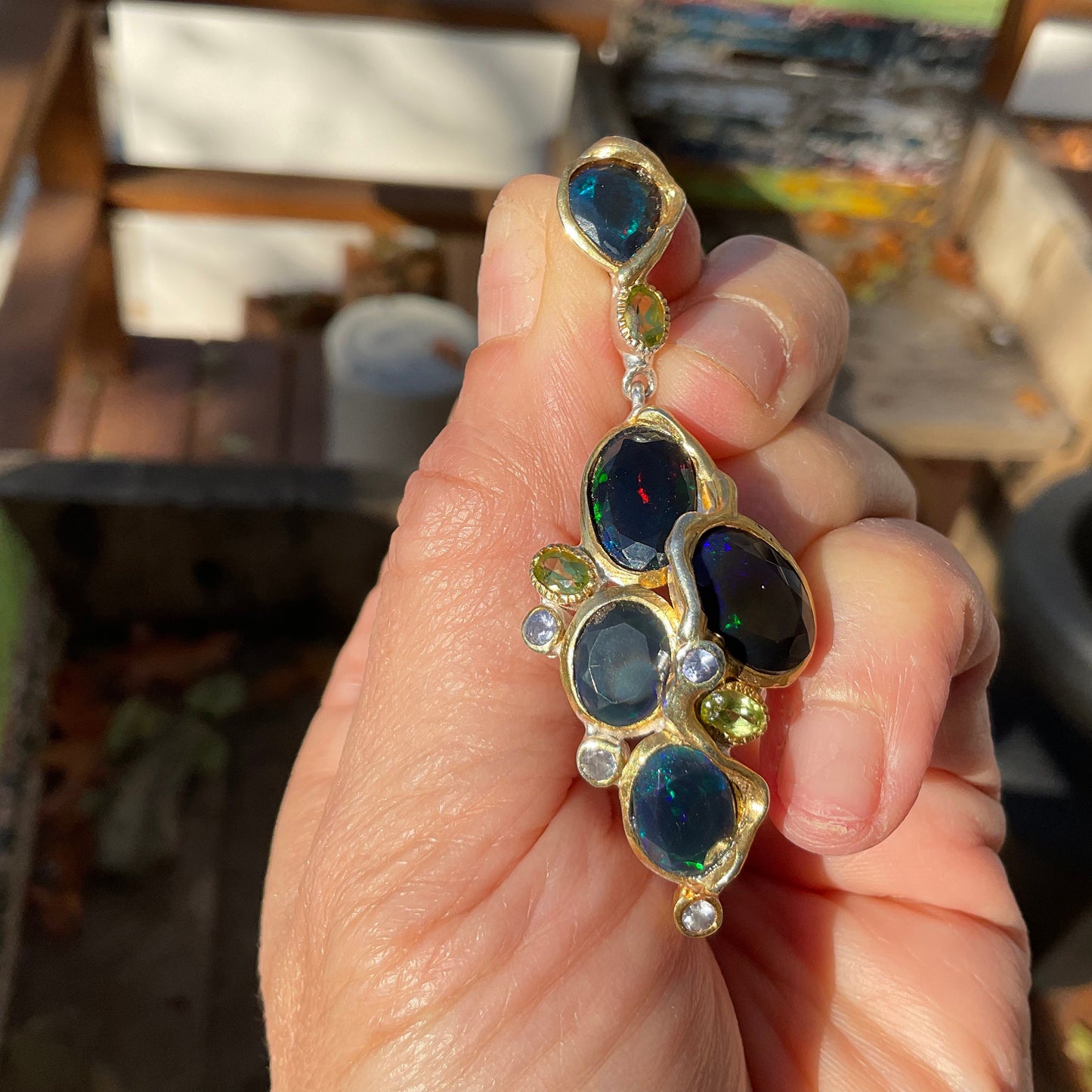 Natural black Rainbow blue fireopal Sterling Silver heirloom pendant